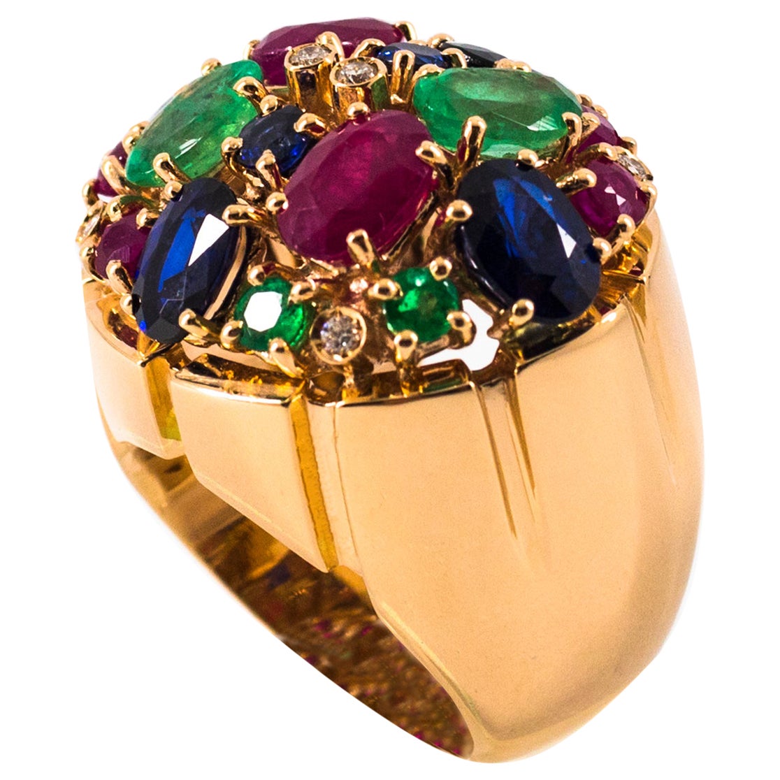 Art Deco White Diamond Ruby Emerald Blue Sapphire Yellow Gold Cocktail Ring For Sale