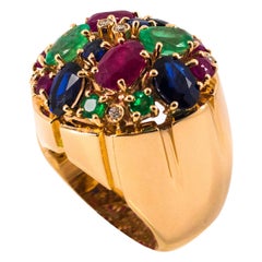 Art Decó Diamante Blanco Rubí Esmeralda Zafiro Azul Anillo de Cóctel de Oro Amarillo