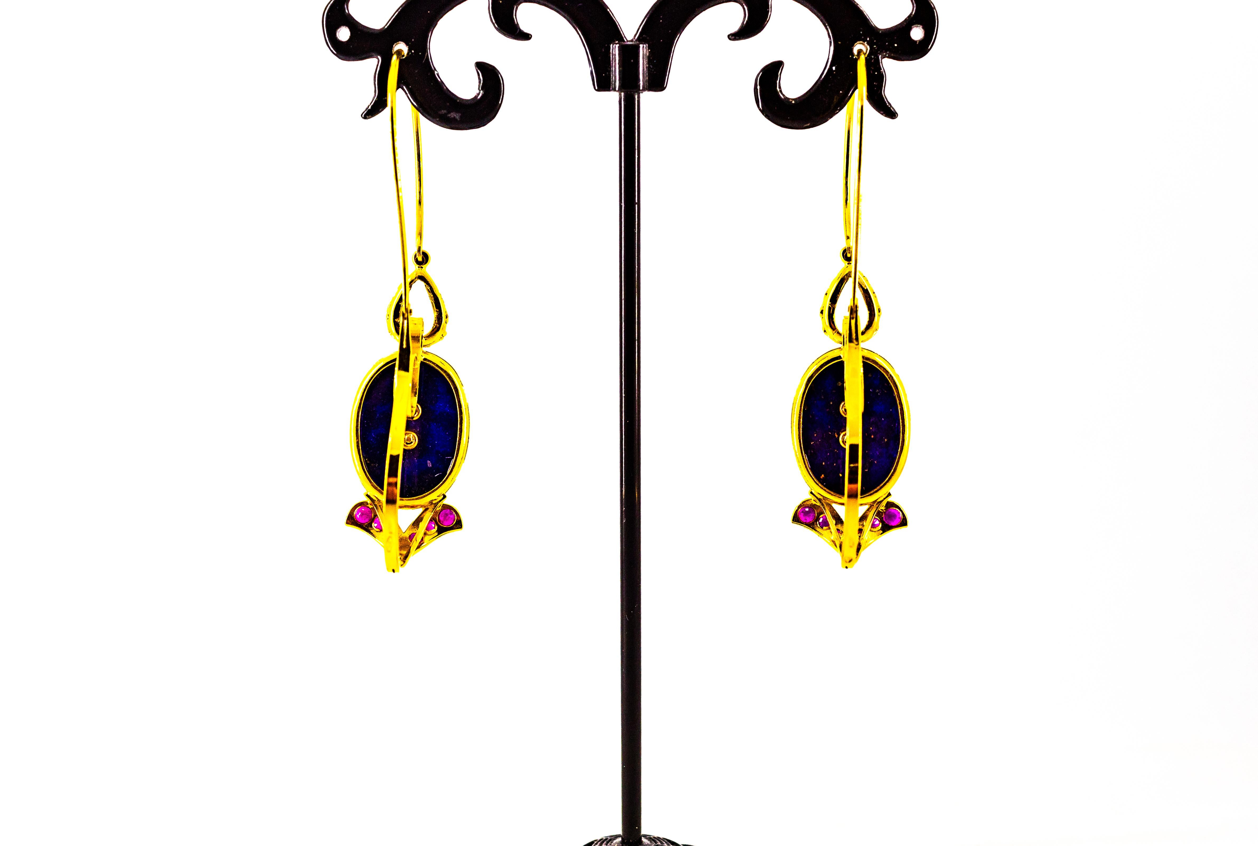 Art Deco Style Diamond Ruby Lapis Lazuli Aquamarine Yellow Gold Drop Earrings For Sale 5