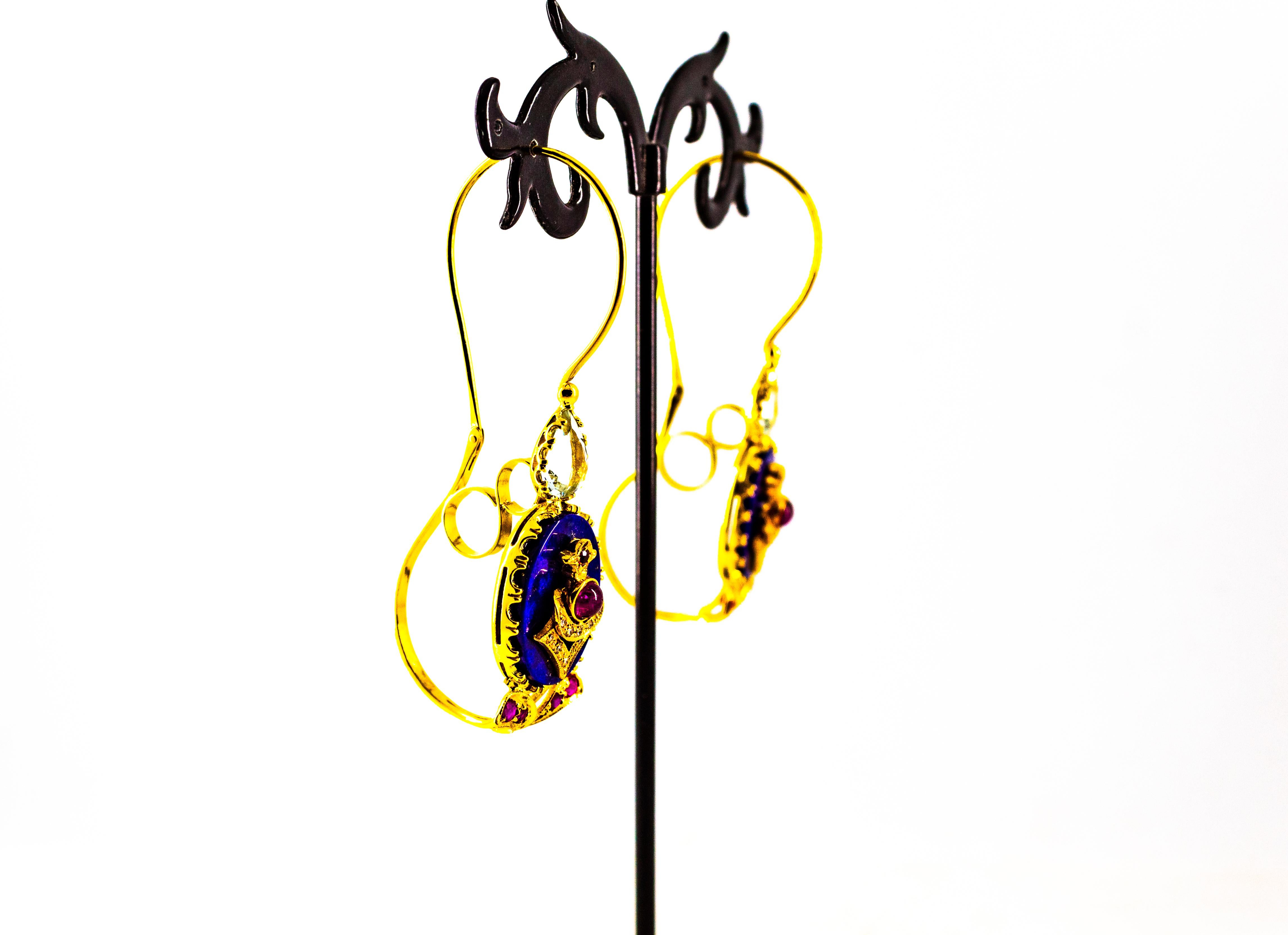 Boucles d'oreilles en goutte de style Art déco en or jaune, diamant, rubis, lapis-lazuli, aigue-marine et diamant en vente 6