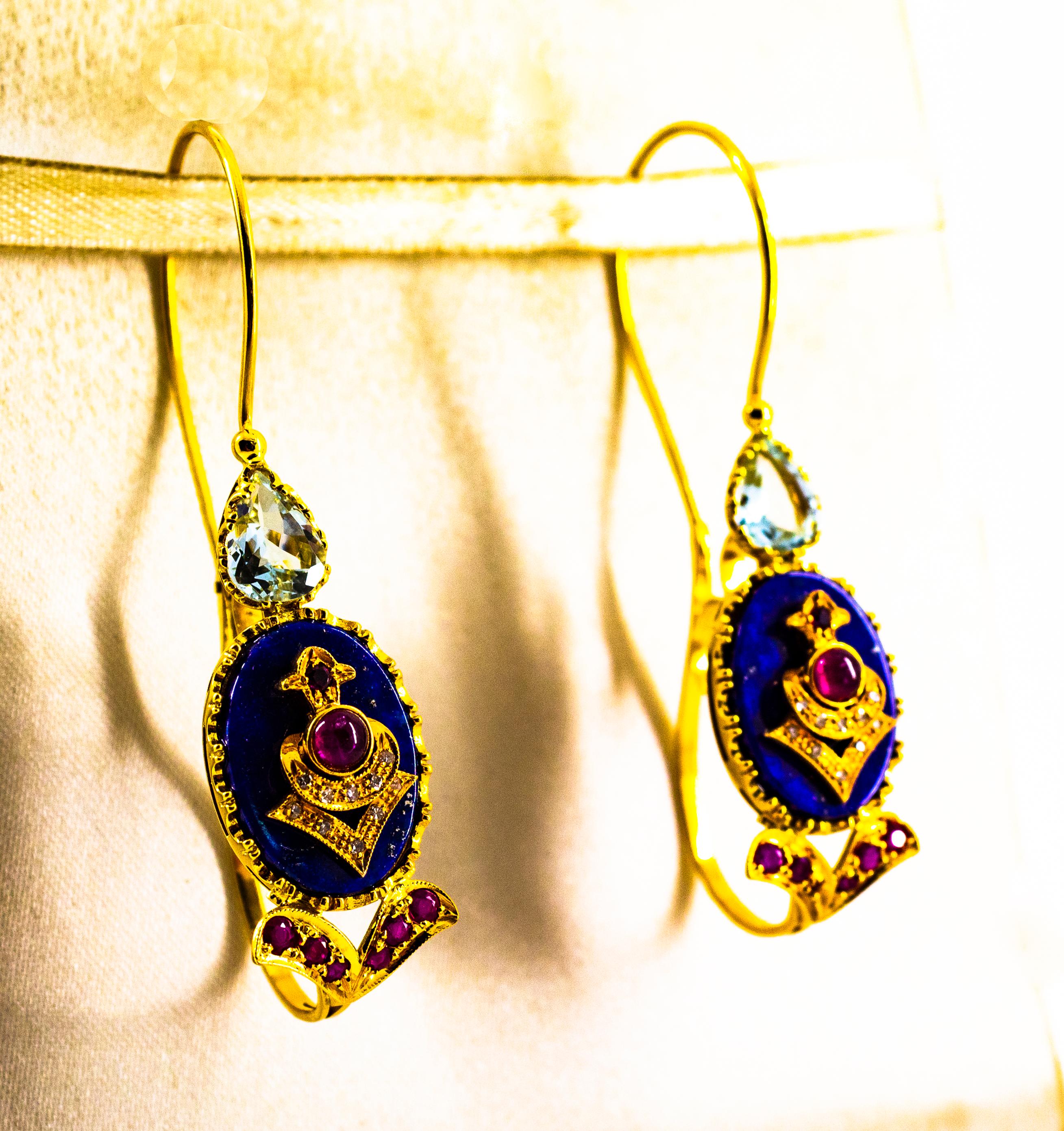 Art Deco Style Diamond Ruby Lapis Lazuli Aquamarine Yellow Gold Drop Earrings In New Condition For Sale In Naples, IT