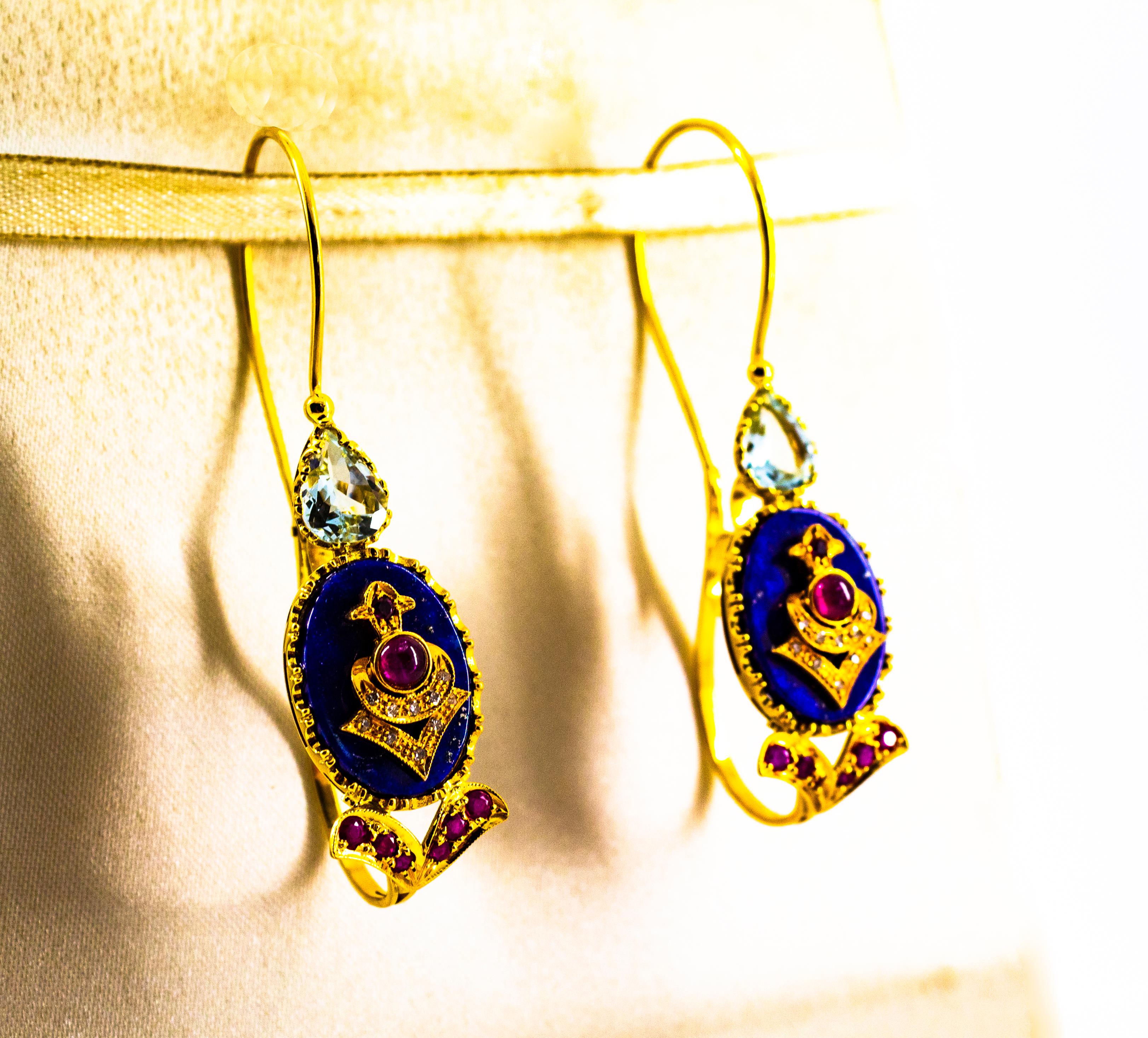 Boucles d'oreilles en goutte de style Art déco en or jaune, diamant, rubis, lapis-lazuli, aigue-marine et diamant Unisexe en vente