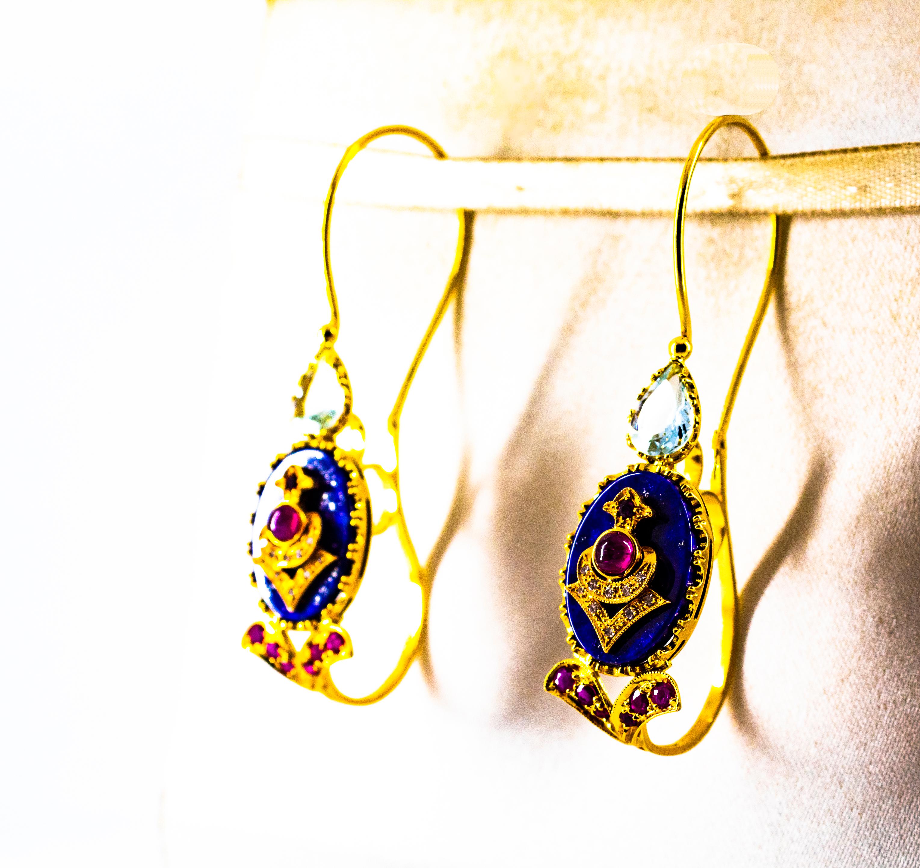 Boucles d'oreilles en goutte de style Art déco en or jaune, diamant, rubis, lapis-lazuli, aigue-marine et diamant en vente 1