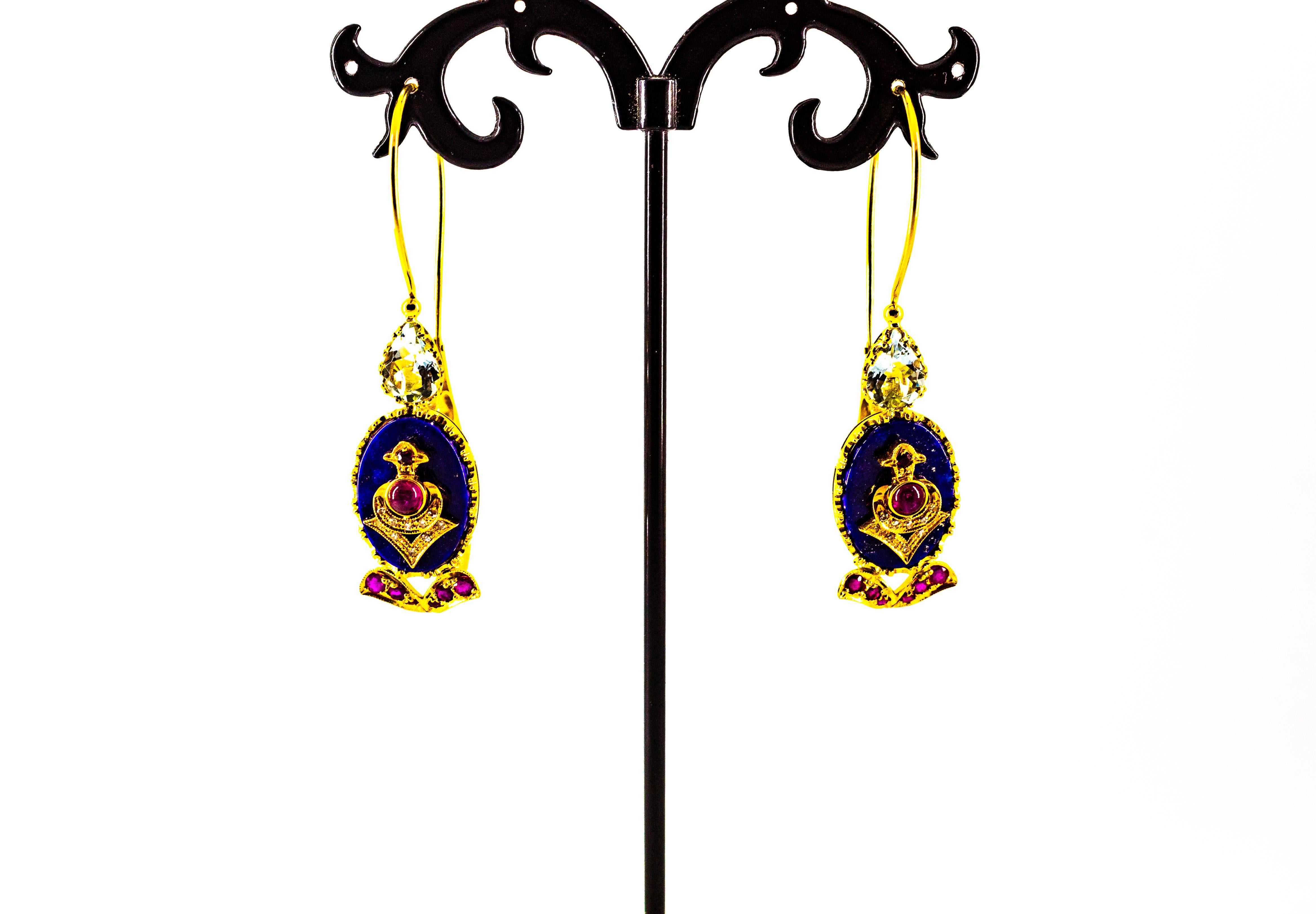 Orecchini a goccia in oro giallo in stile Art Deco con diamante, rubino, lapislazzuli e acquamarina in vendita 1