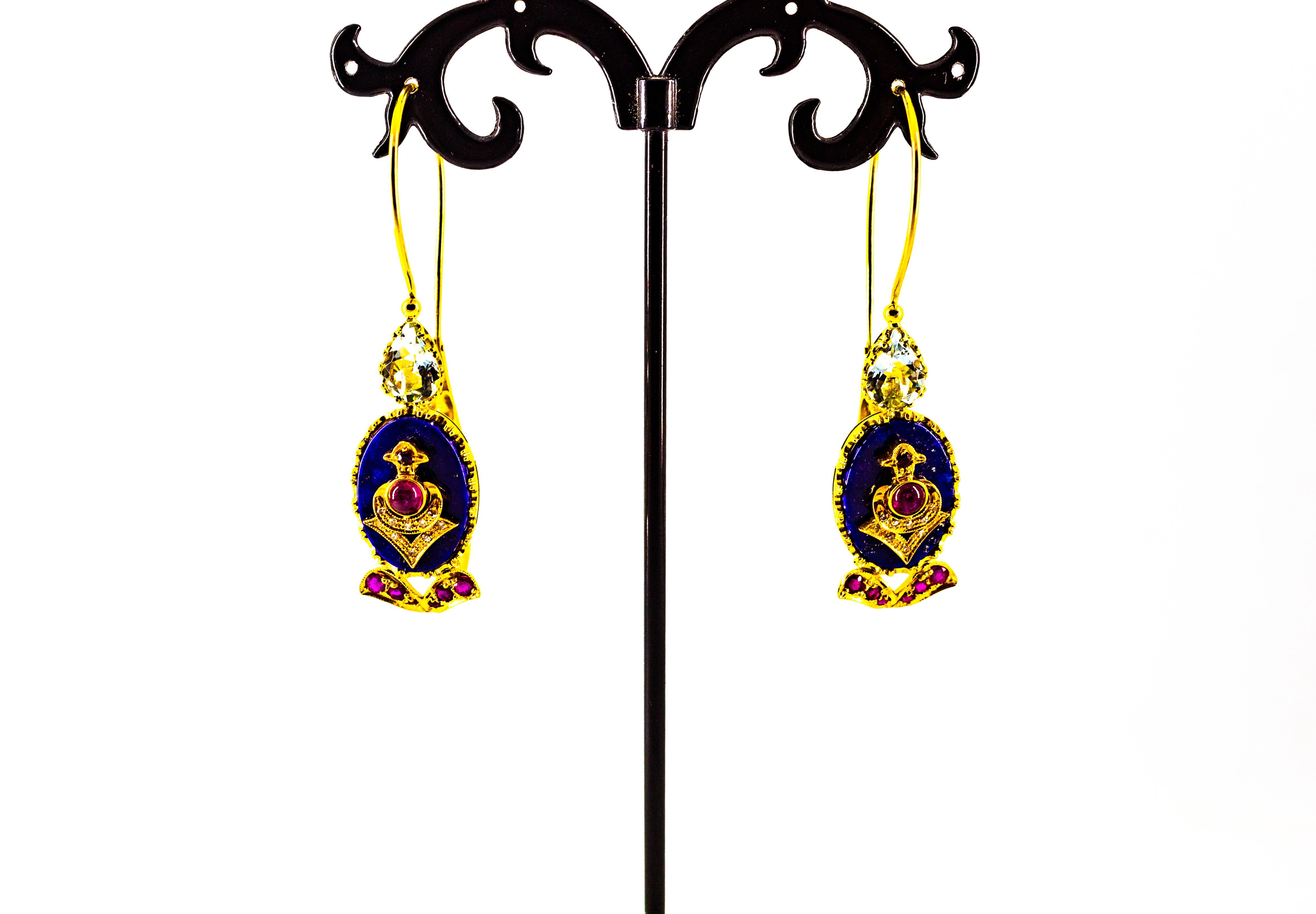 Art Deco Style Diamond Ruby Lapis Lazuli Aquamarine Yellow Gold Drop Earrings For Sale 2