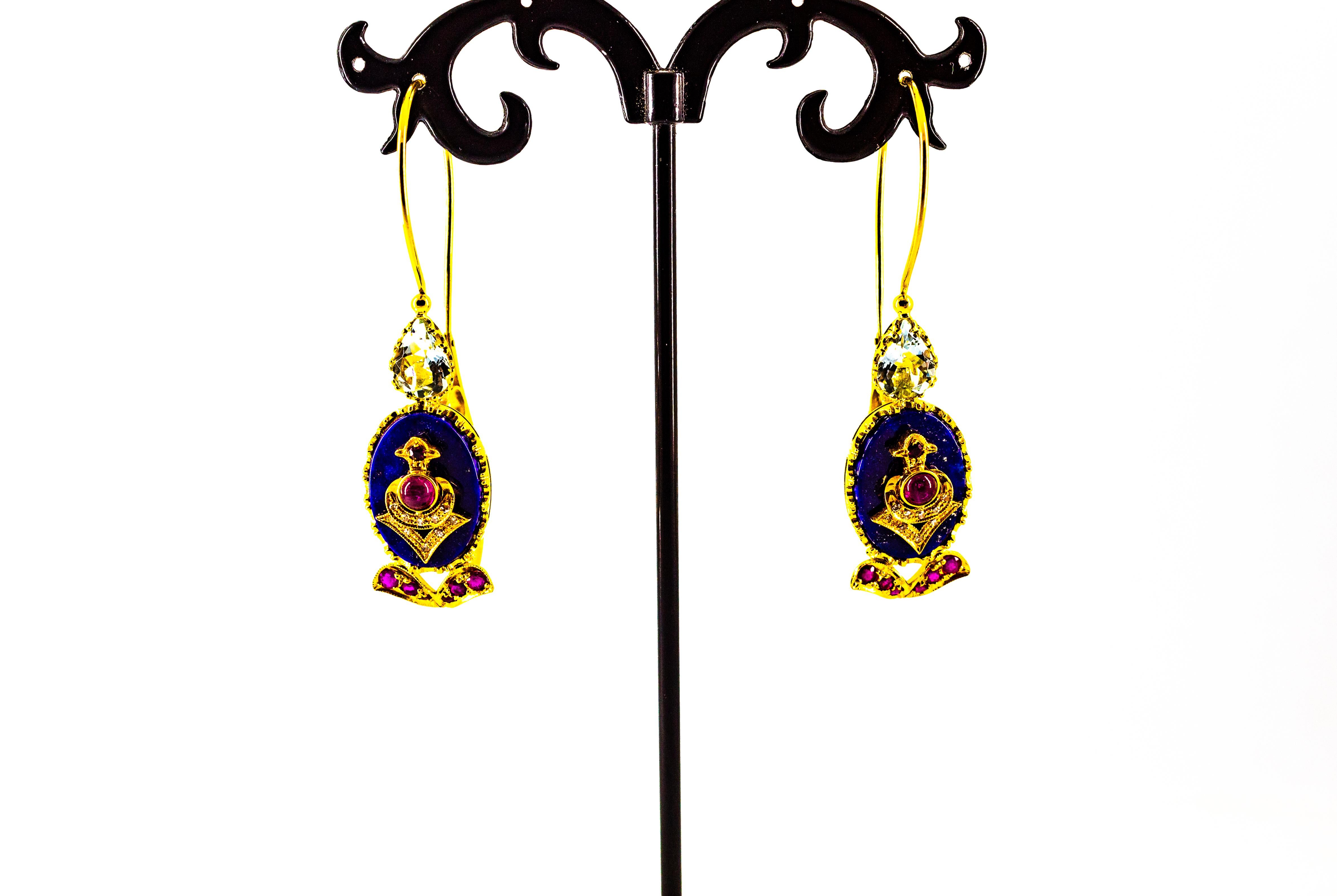 Boucles d'oreilles en goutte de style Art déco en or jaune, diamant, rubis, lapis-lazuli, aigue-marine et diamant en vente 3