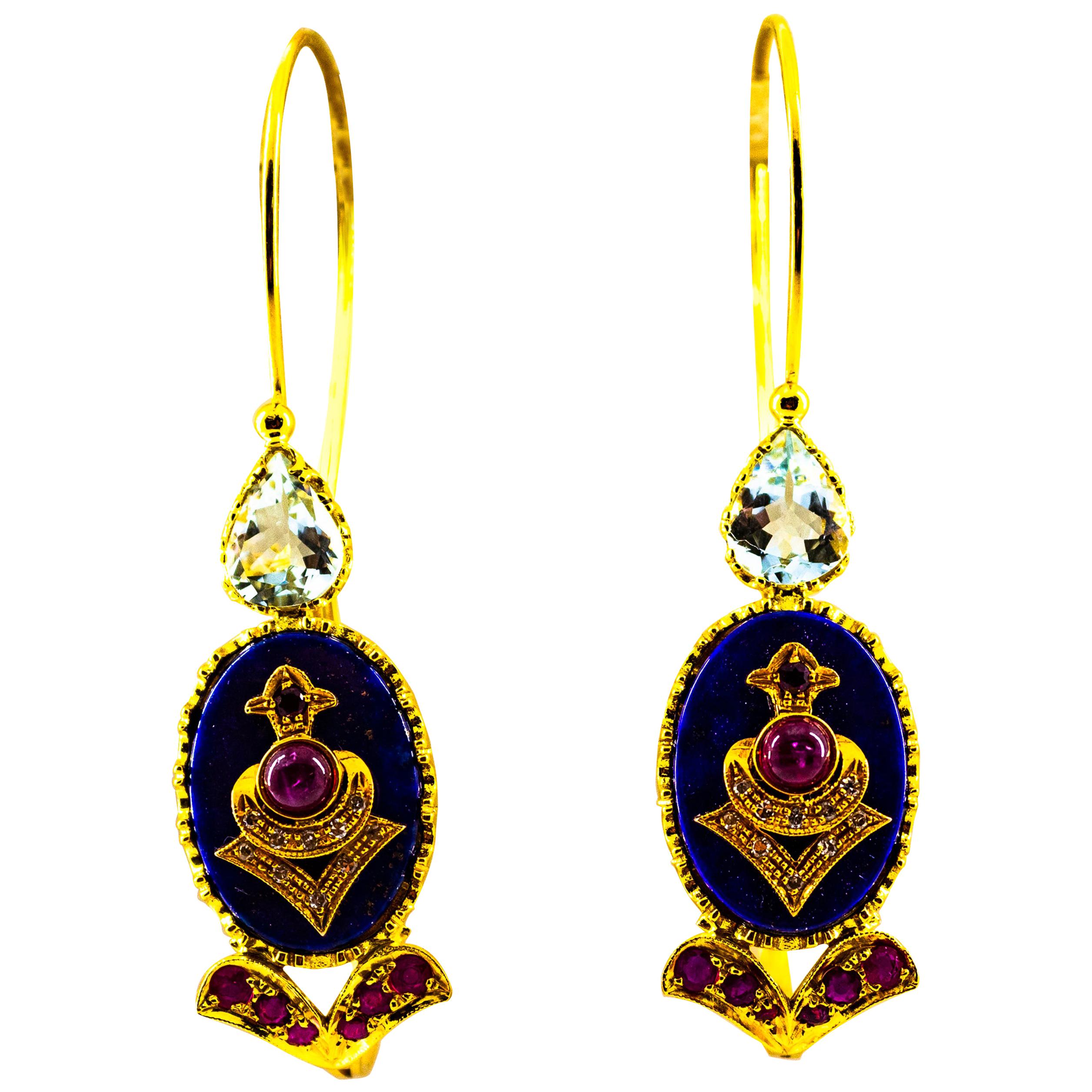 Boucles d'oreilles en goutte de style Art déco en or jaune, diamant, rubis, lapis-lazuli, aigue-marine et diamant en vente