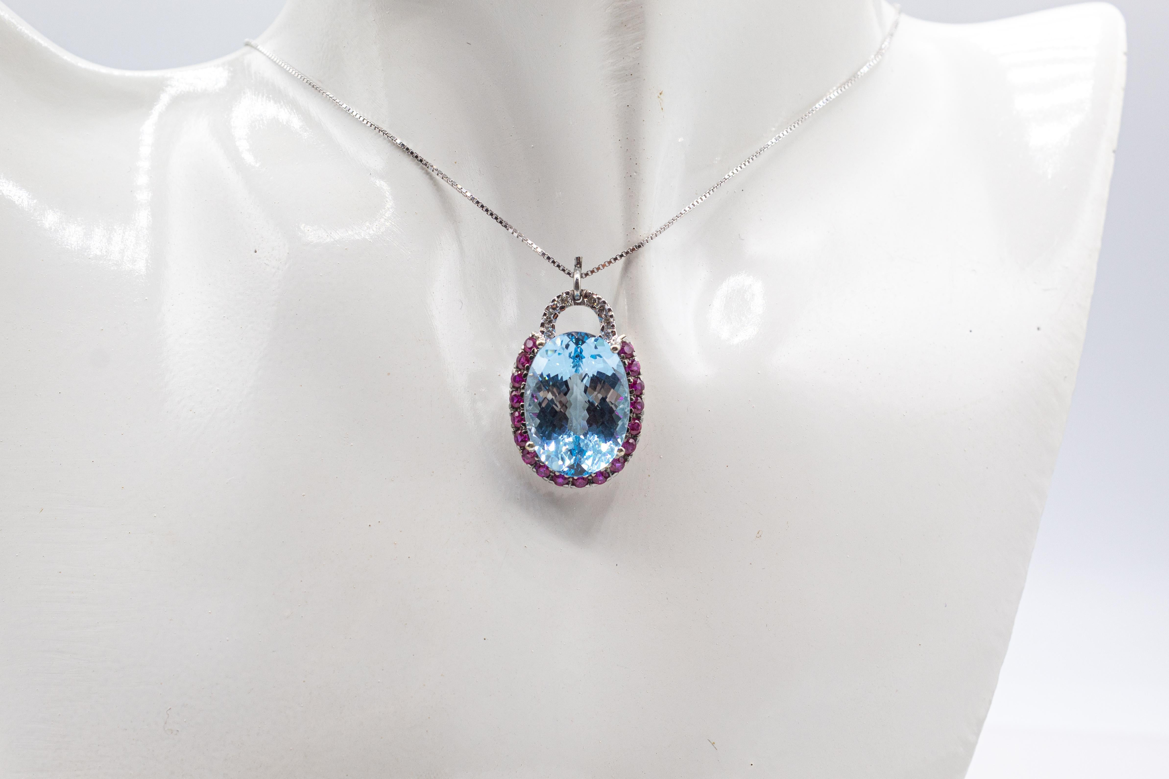 Art Deco White Diamond Ruby Oval Cut Blue Topaz White Gold Pendant Necklace In New Condition For Sale In Naples, IT