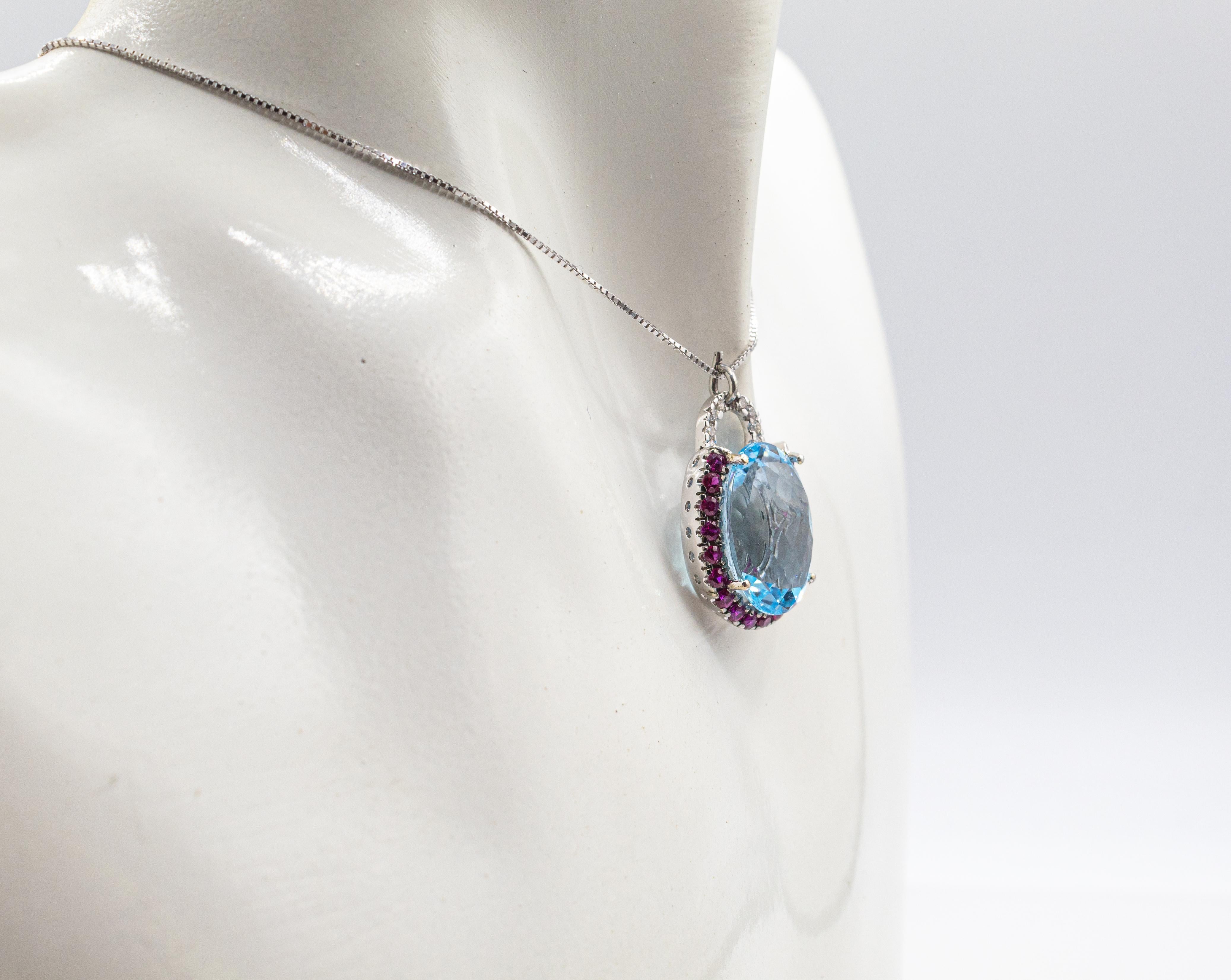 Women's or Men's Art Deco White Diamond Ruby Oval Cut Blue Topaz White Gold Pendant Necklace For Sale