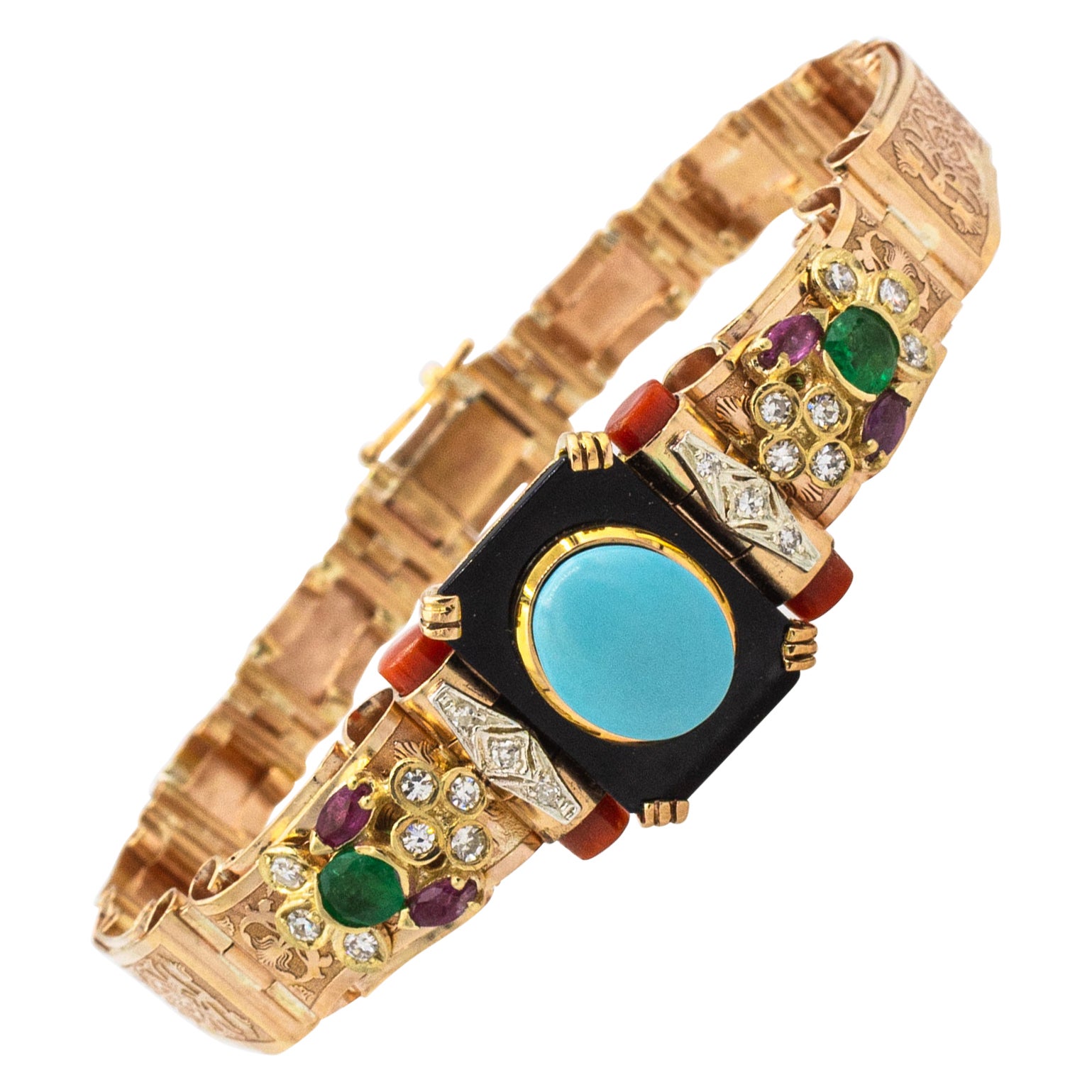 Art Deco White Diamond Turquoise Ruby Emerald Coral Onyx Yellow Gold Bracelet