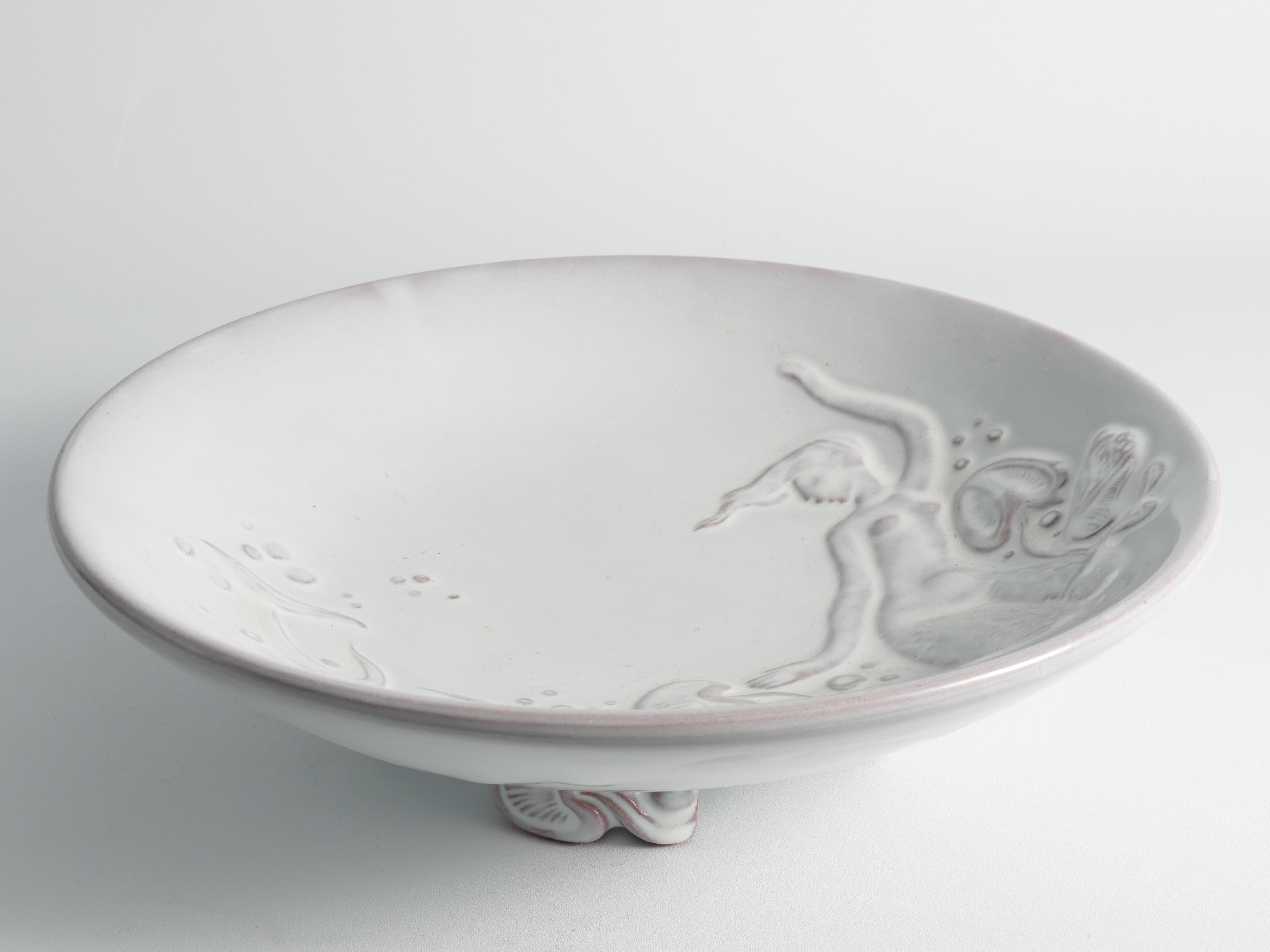 Art Deco White Earthenware Mermaid Bowl 