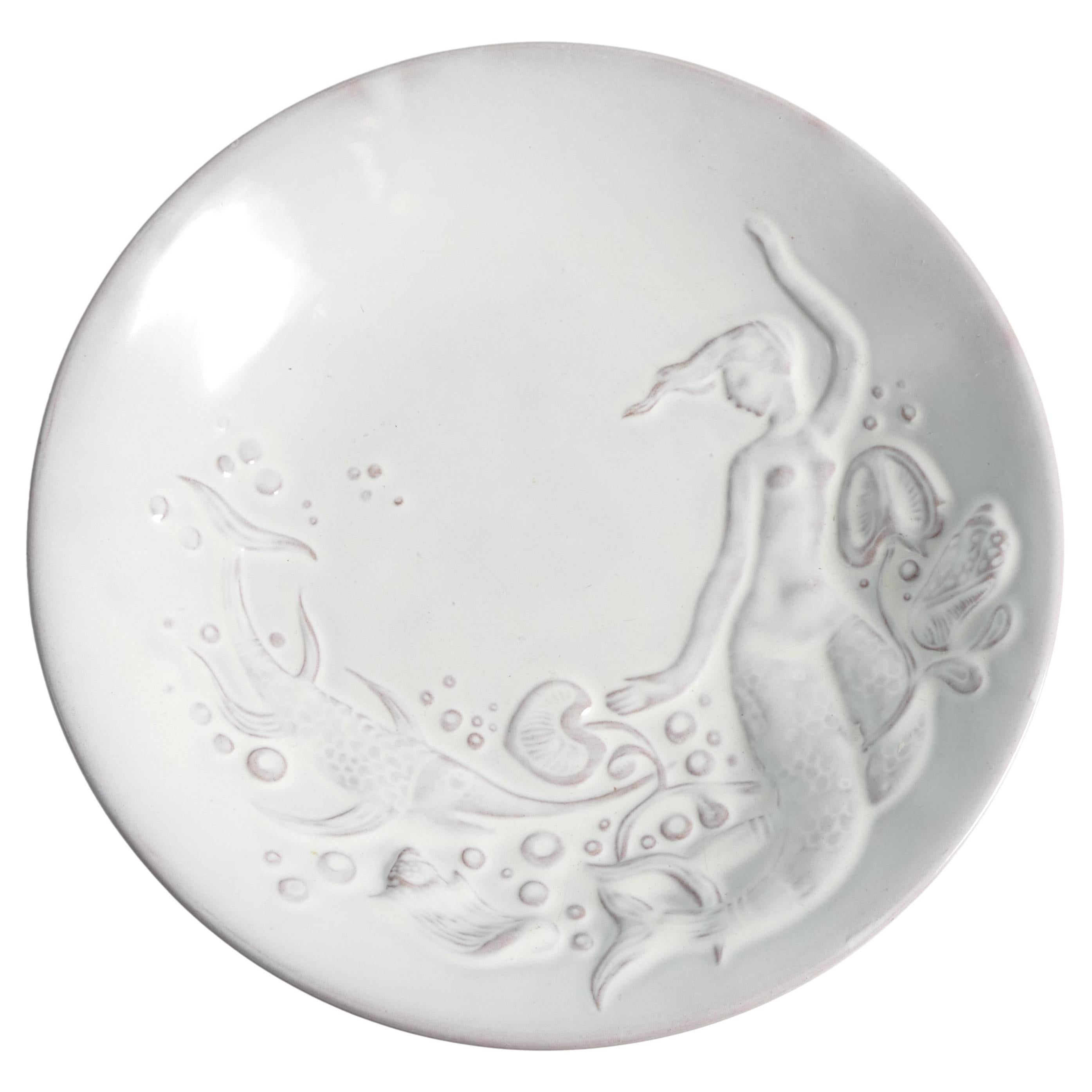 Art Deco White Earthenware Mermaid Bowl "300" by Mari Simmulson for Upsala-Ekeby For Sale