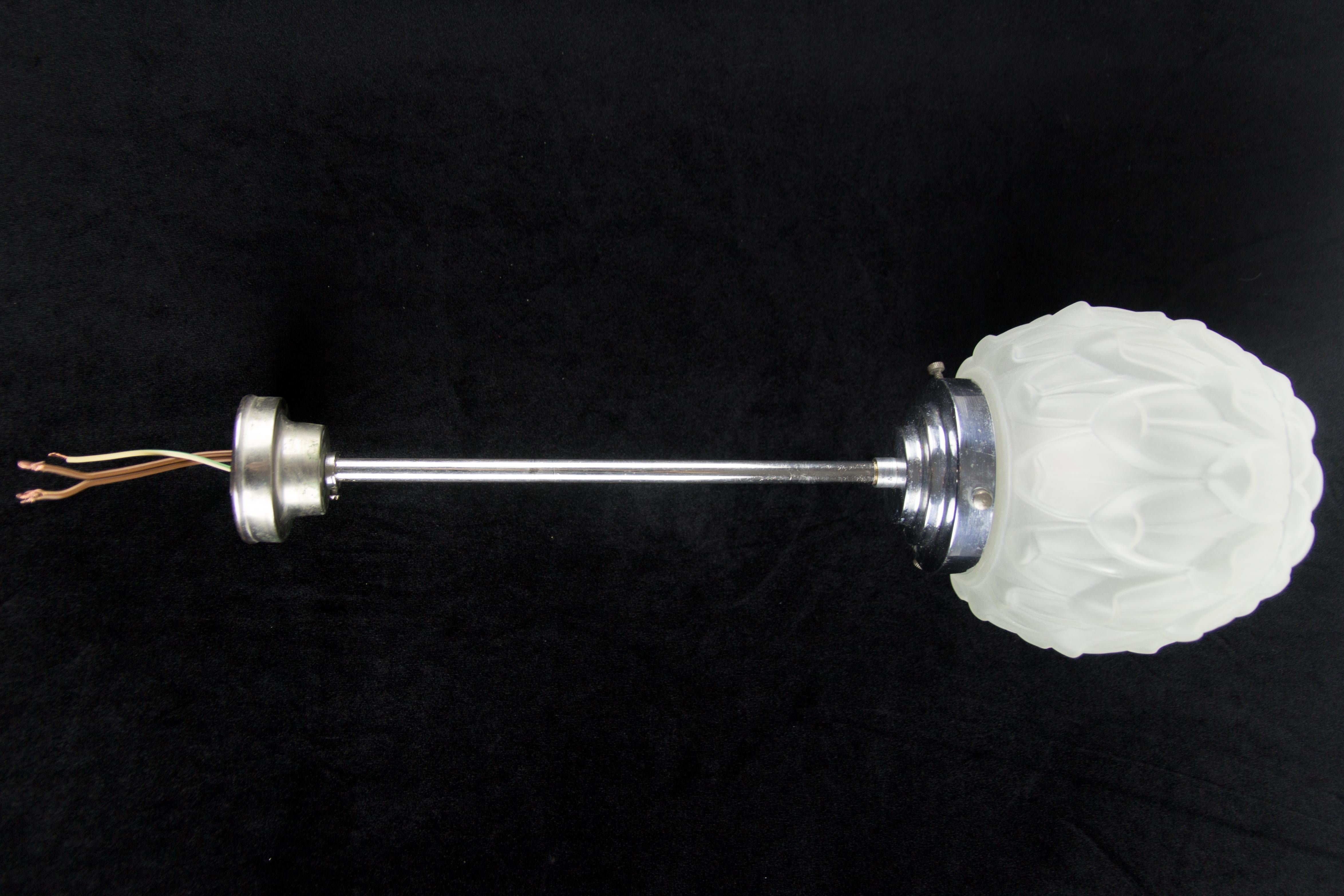 Art Deco White Frosted Glass and Chrome Pendant Ceiling Light, 1930s 2