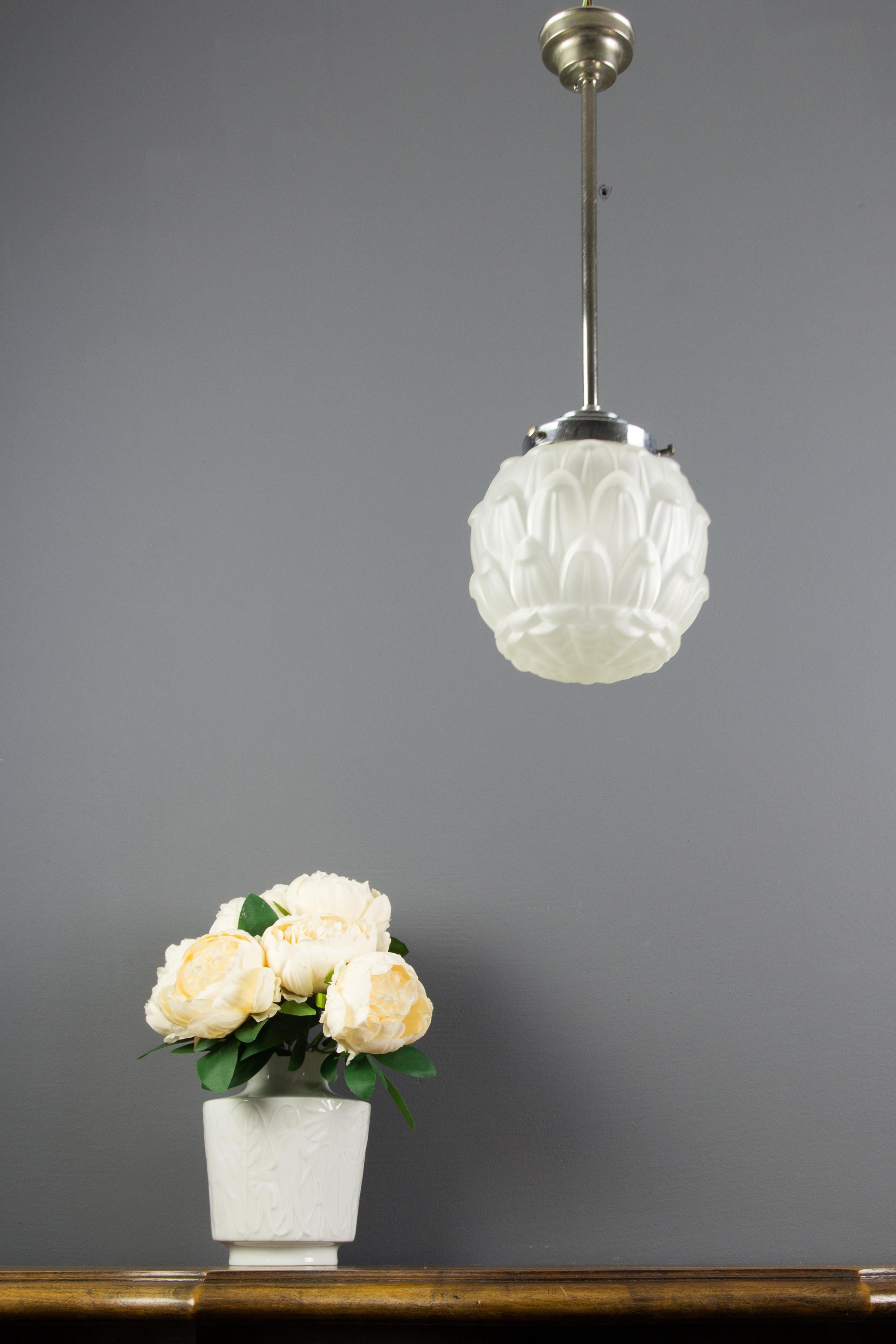 Art Deco White Frosted Glass and Chrome Pendant Ceiling Light, 1930s 7