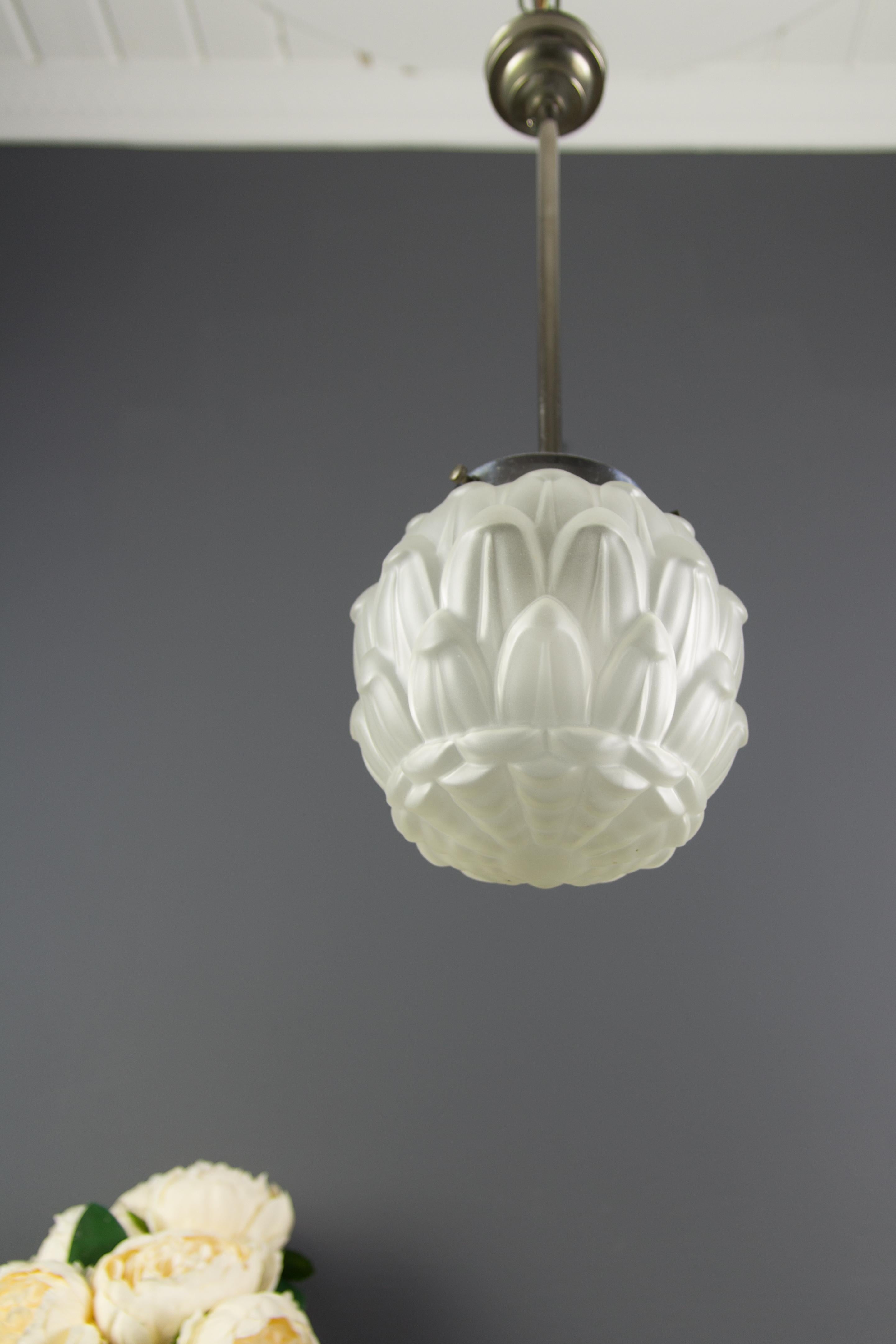 French Art Deco White Frosted Glass and Chrome Pendant Ceiling Light, 1930s