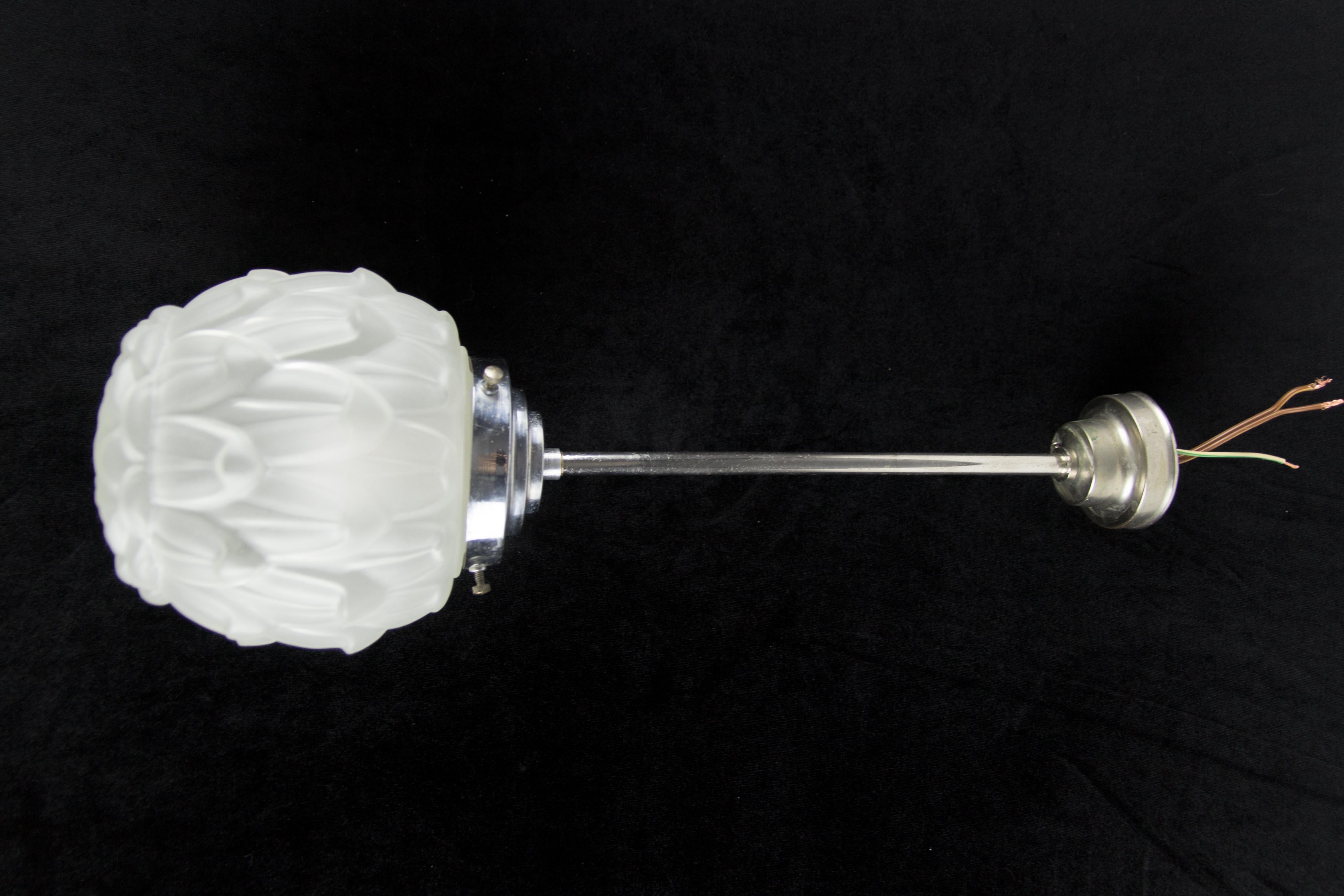 Art Deco White Frosted Glass and Chrome Pendant Ceiling Light, 1930s 1