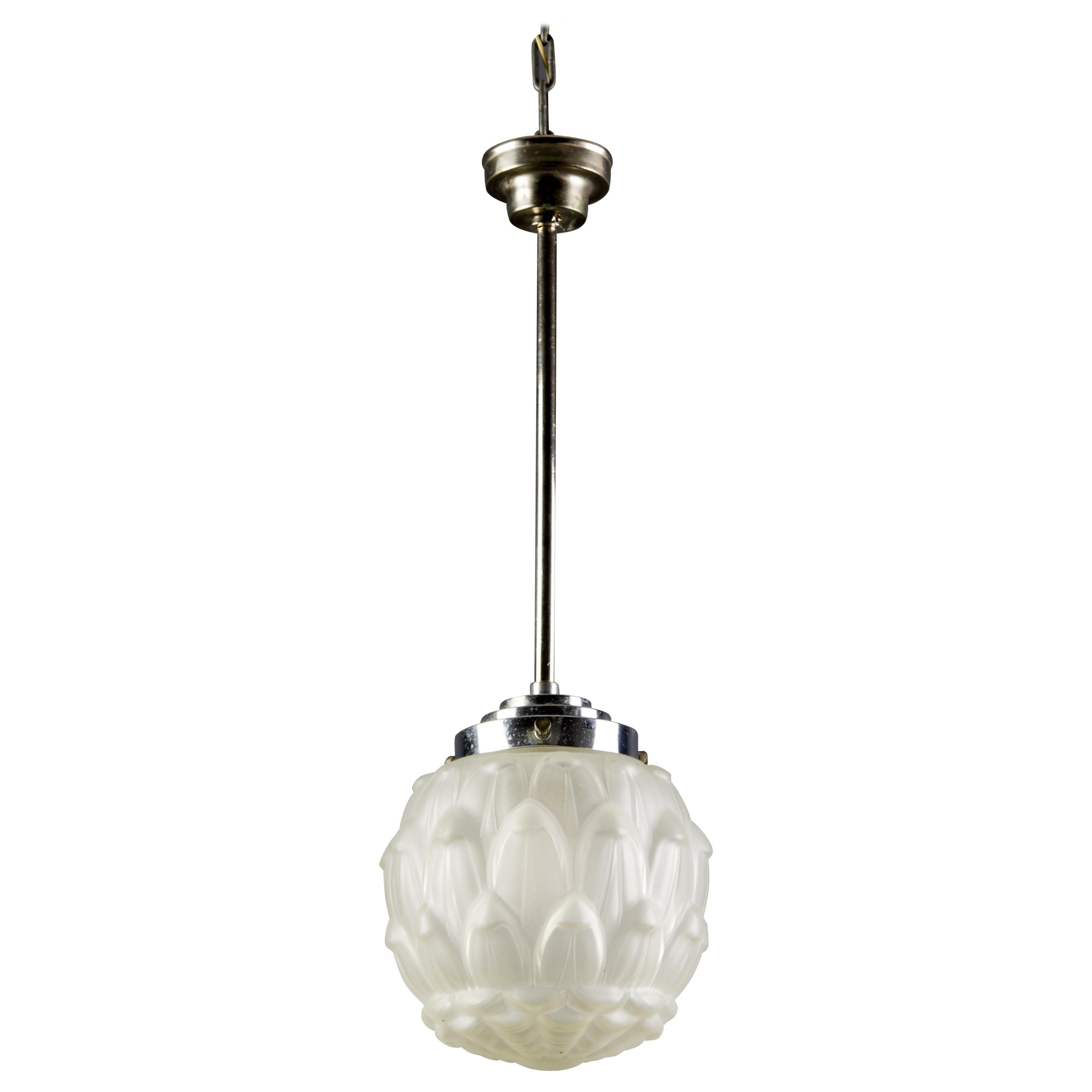 Art Deco White Frosted Glass and Chrome Pendant Ceiling Light, 1930s