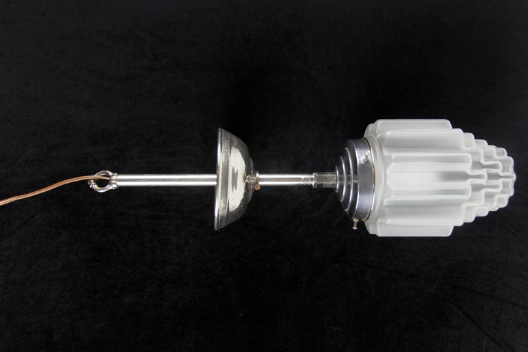 Art Deco White Frosted Glass and Chrome Skyscraper Pendant Light, 1930s For Sale 5