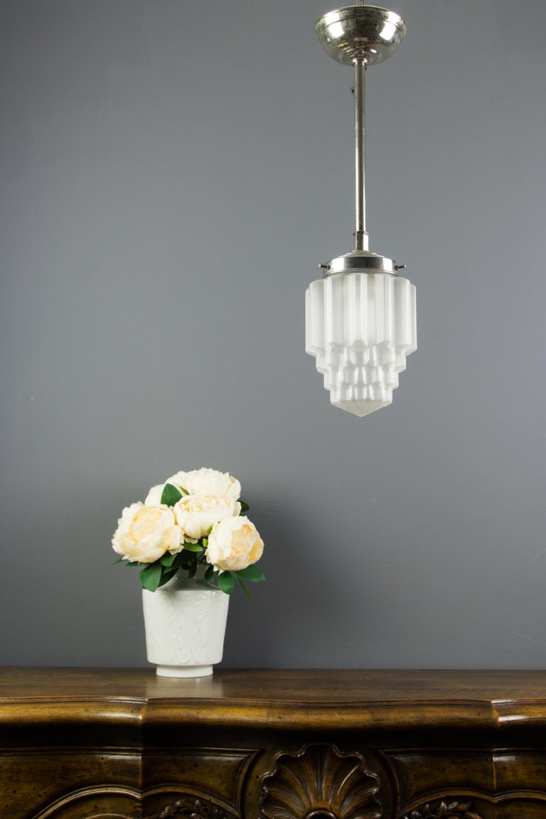 Art Deco White Frosted Glass and Chrome Skyscraper Pendant Light, 1930s For Sale 12