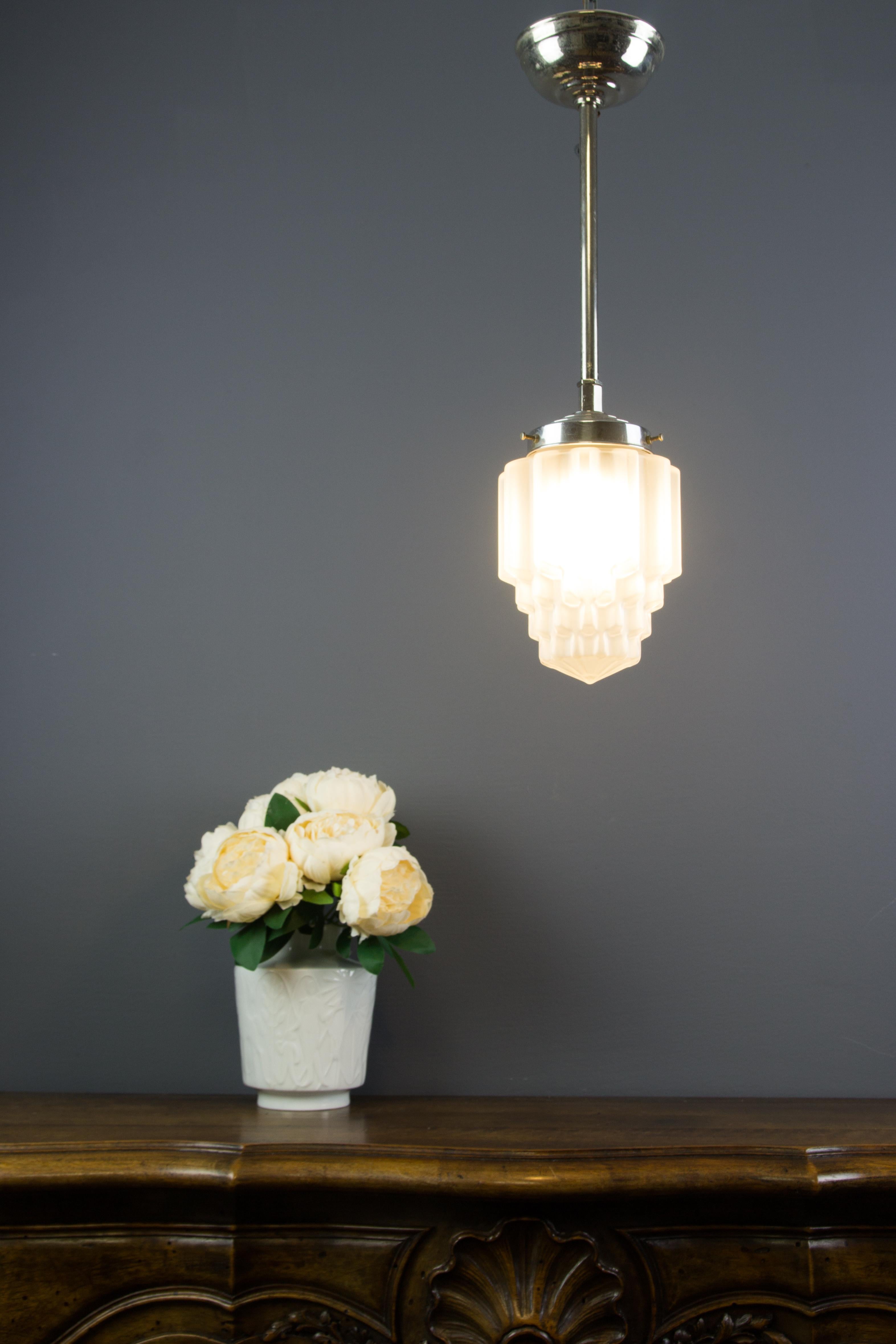 Art Deco White Frosted Glass and Chrome Skyscraper Pendant Light, 1930s 10