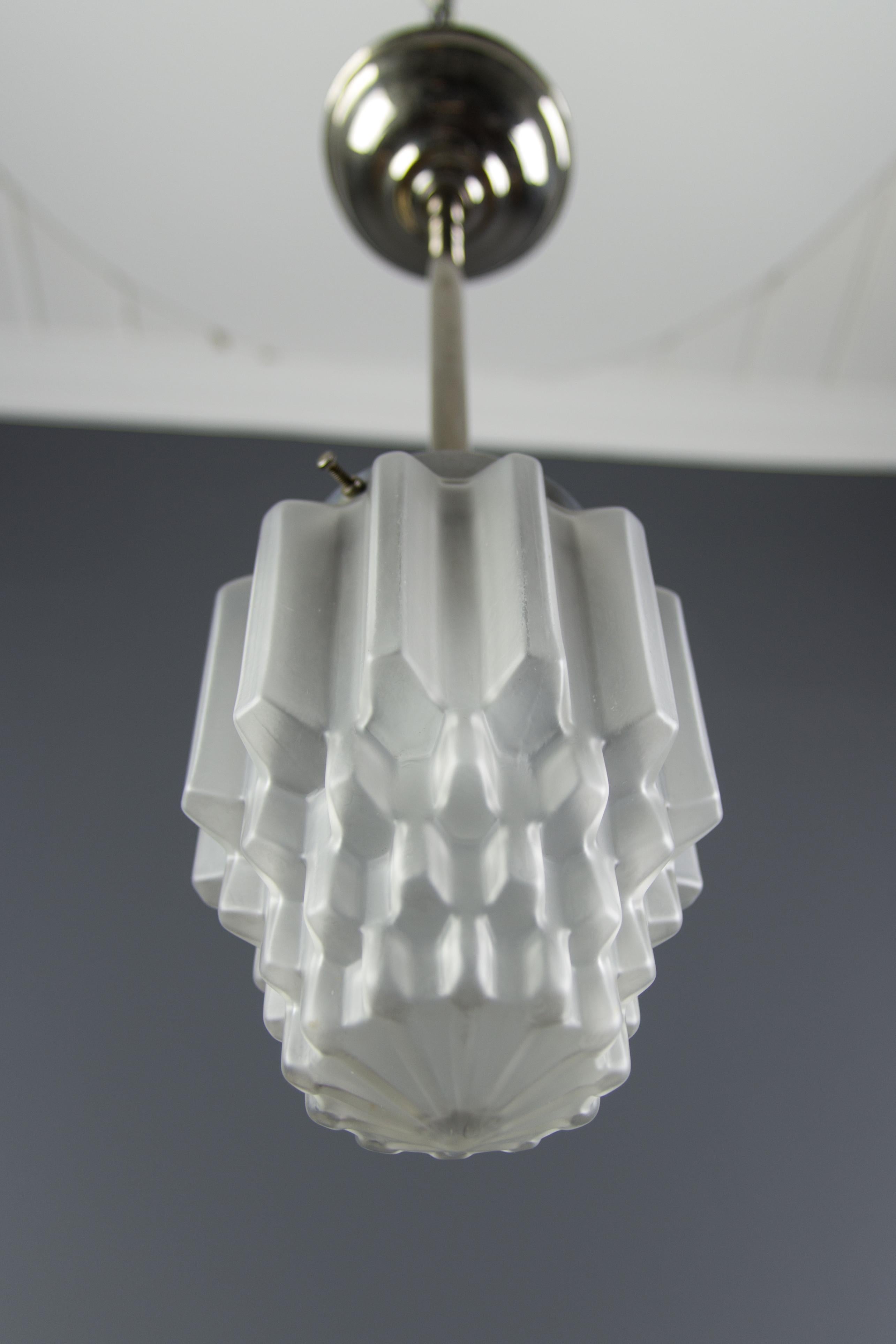 French Art Deco White Frosted Glass and Chrome Skyscraper Pendant Light, 1930s
