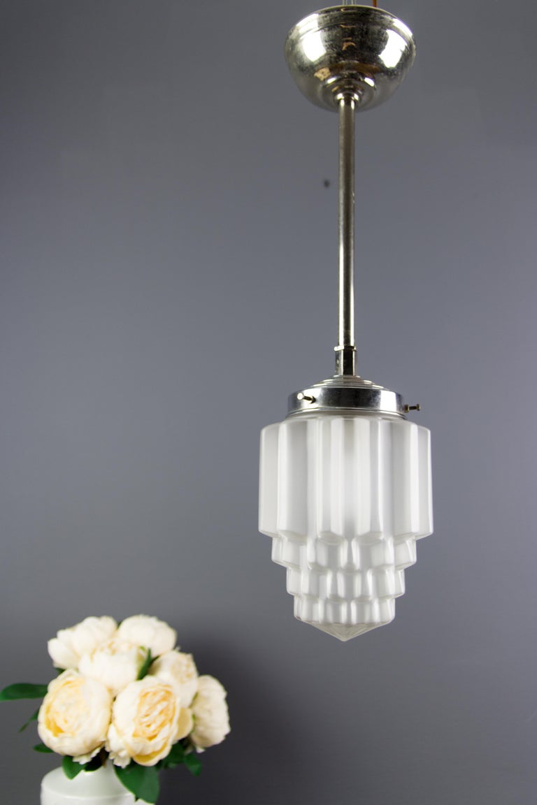 Art Deco White Frosted Glass and Chrome Skyscraper Pendant Light, 1930s For Sale 2