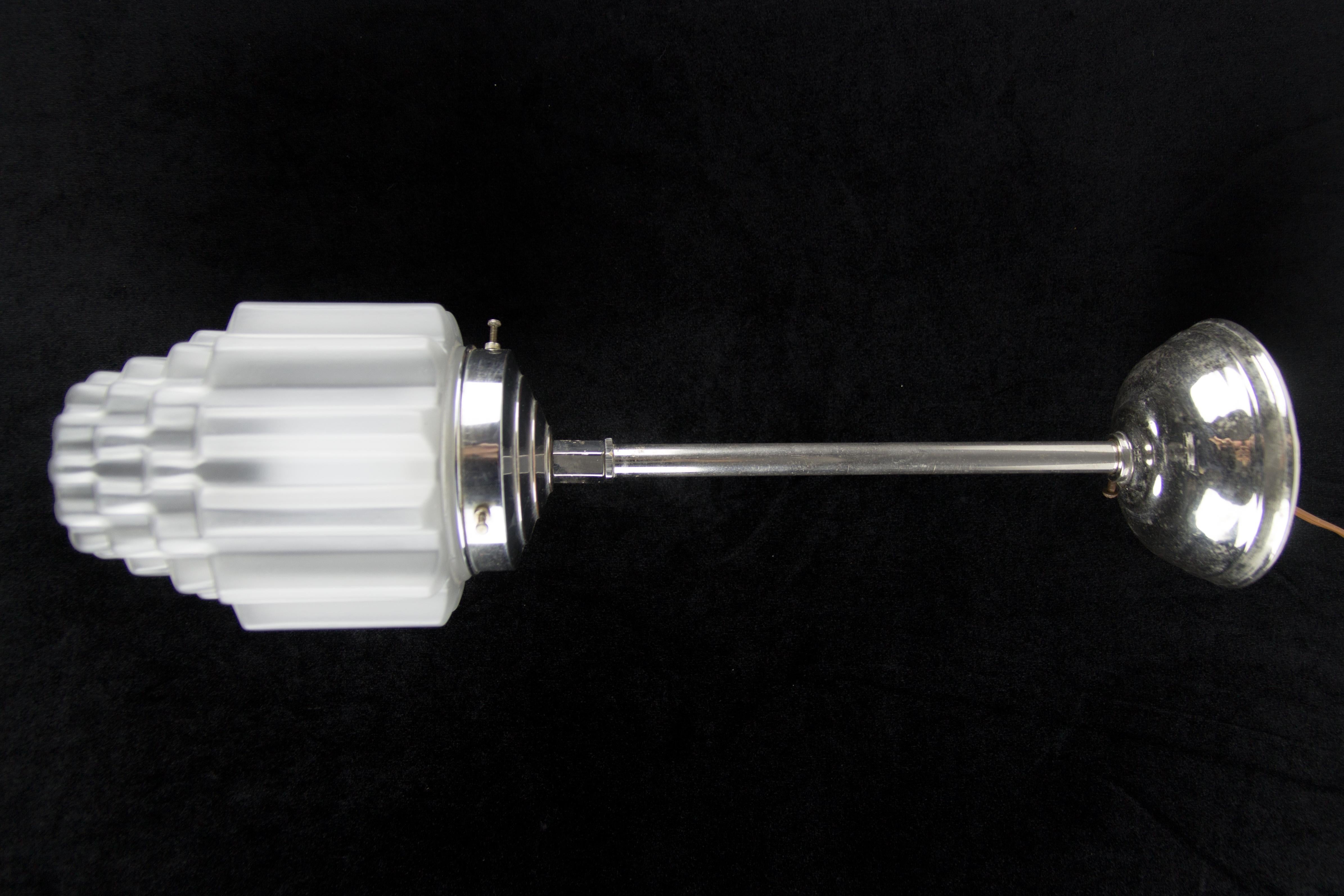 Mid-20th Century Art Deco White Frosted Glass and Chrome Skyscraper Pendant Light, 1930s