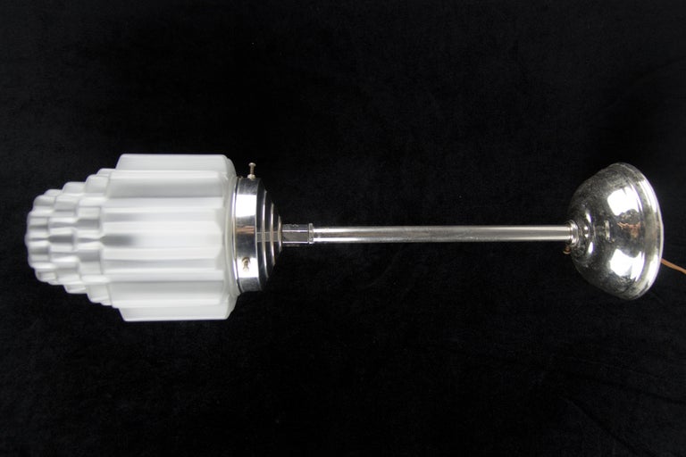 Art Deco White Frosted Glass and Chrome Skyscraper Pendant Light, 1930s For Sale 3
