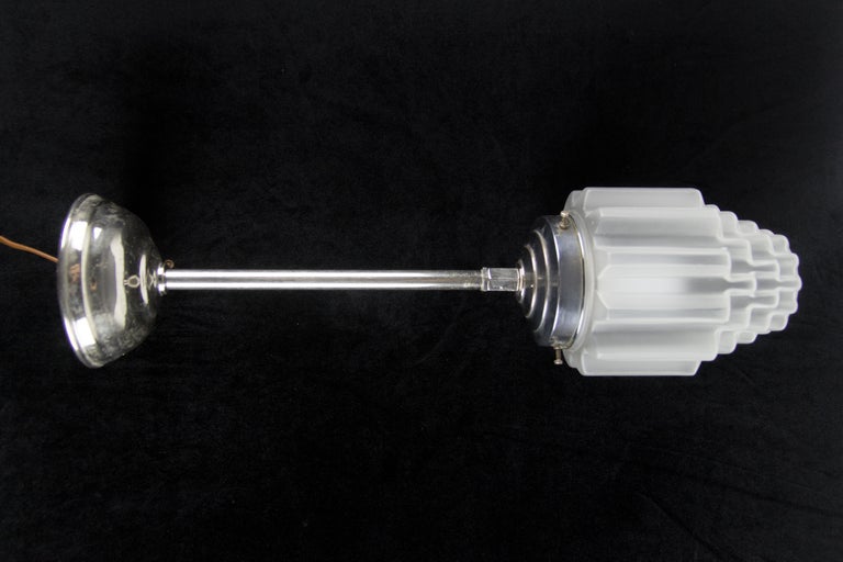 Art Deco White Frosted Glass and Chrome Skyscraper Pendant Light, 1930s For Sale 4
