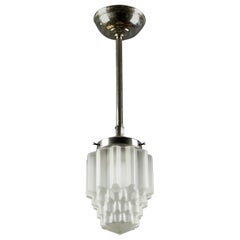 Art Deco White Frosted Glass and Chrome Skyscraper Pendant Light, 1930s