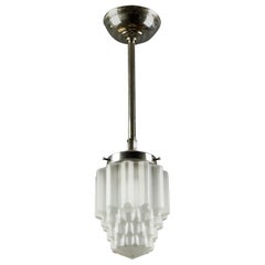 Art Deco White Frosted Glass and Chrome Skyscraper Pendant Light, 1930s