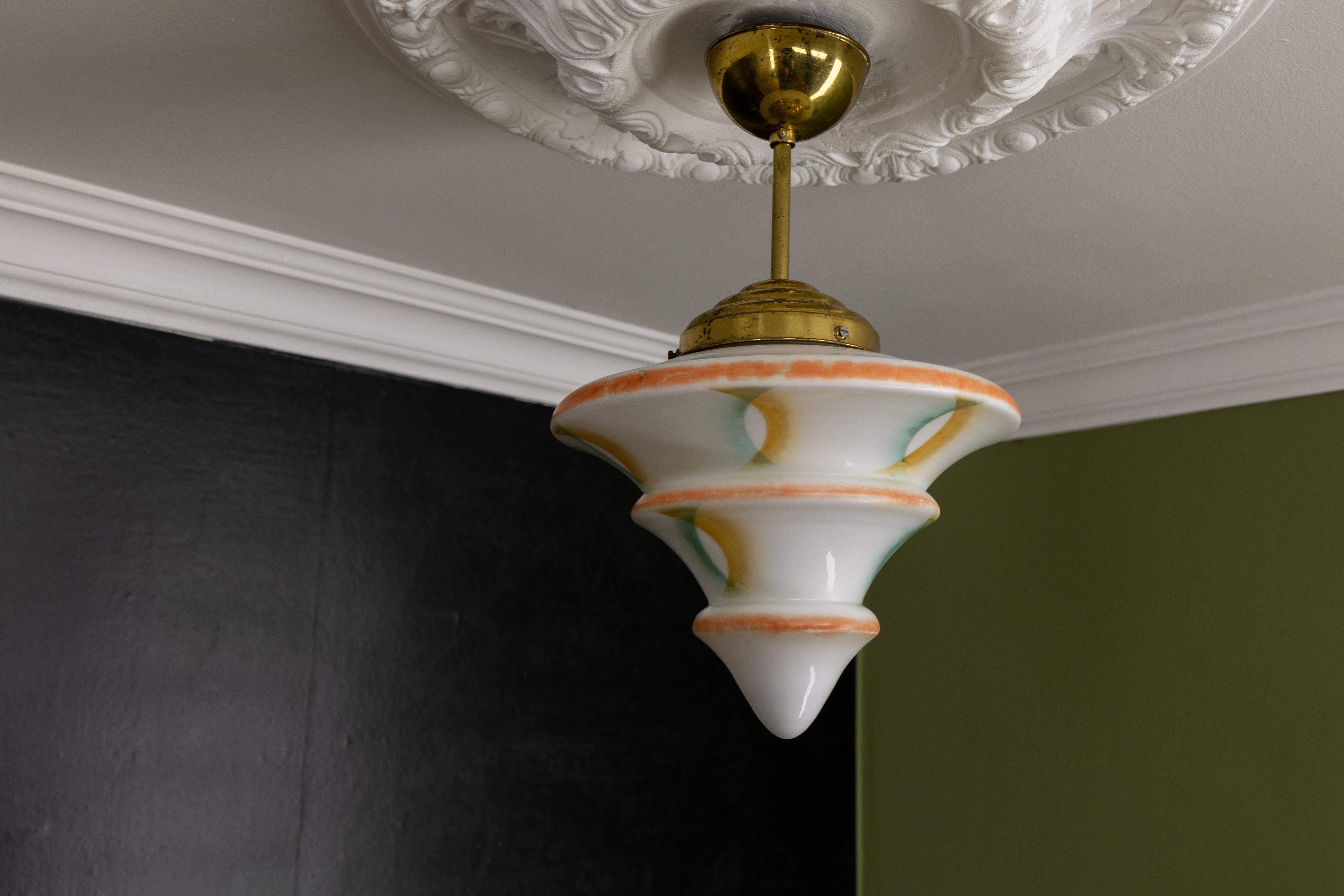 Art Deco White Glass and Brass Pendant Light, Germany, 1930s For Sale 6