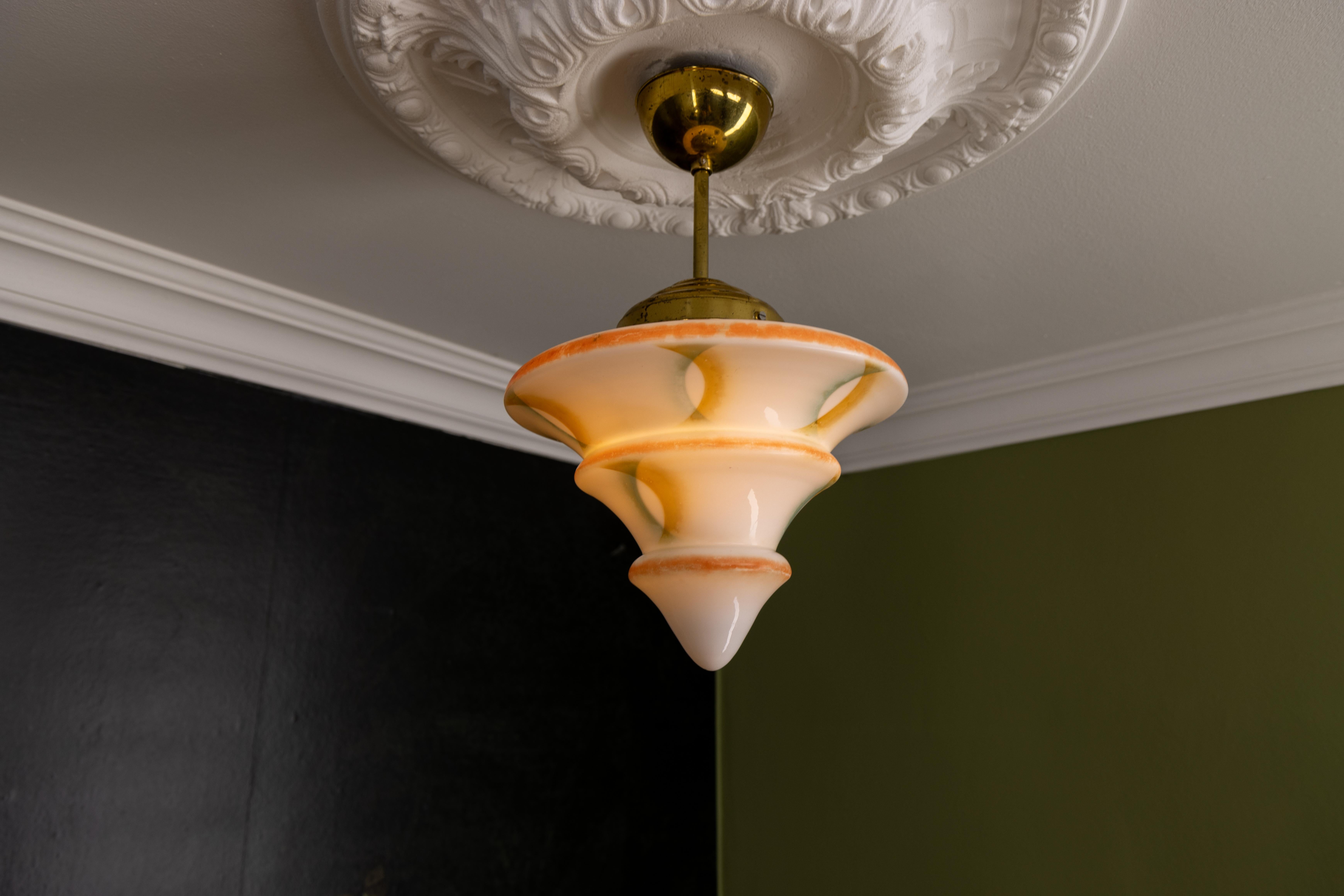 Art Deco White Glass and Brass Pendant Light, Germany, 1930s For Sale 7