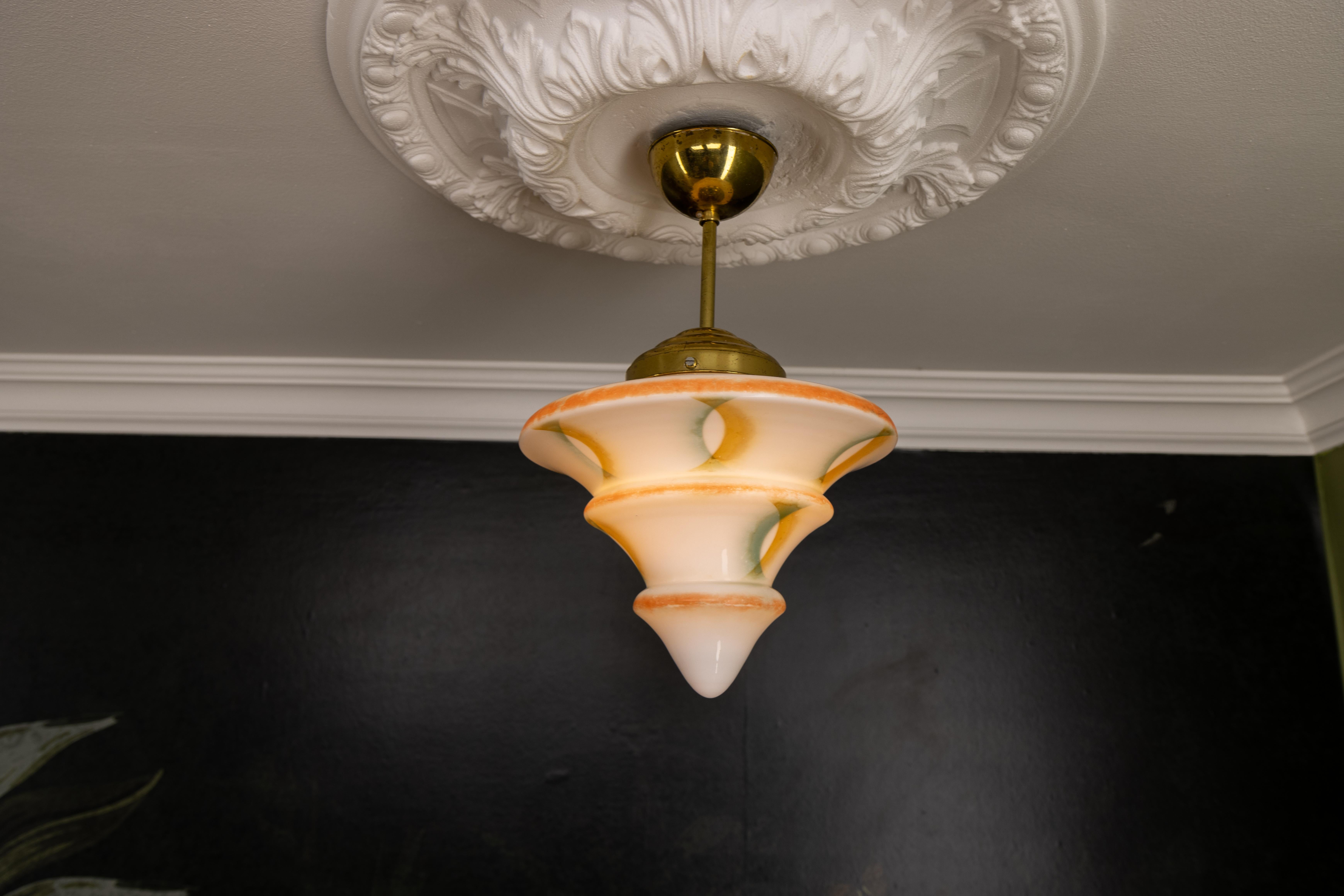 Art Deco White Glass and Brass Pendant Light, Germany, 1930s For Sale 8