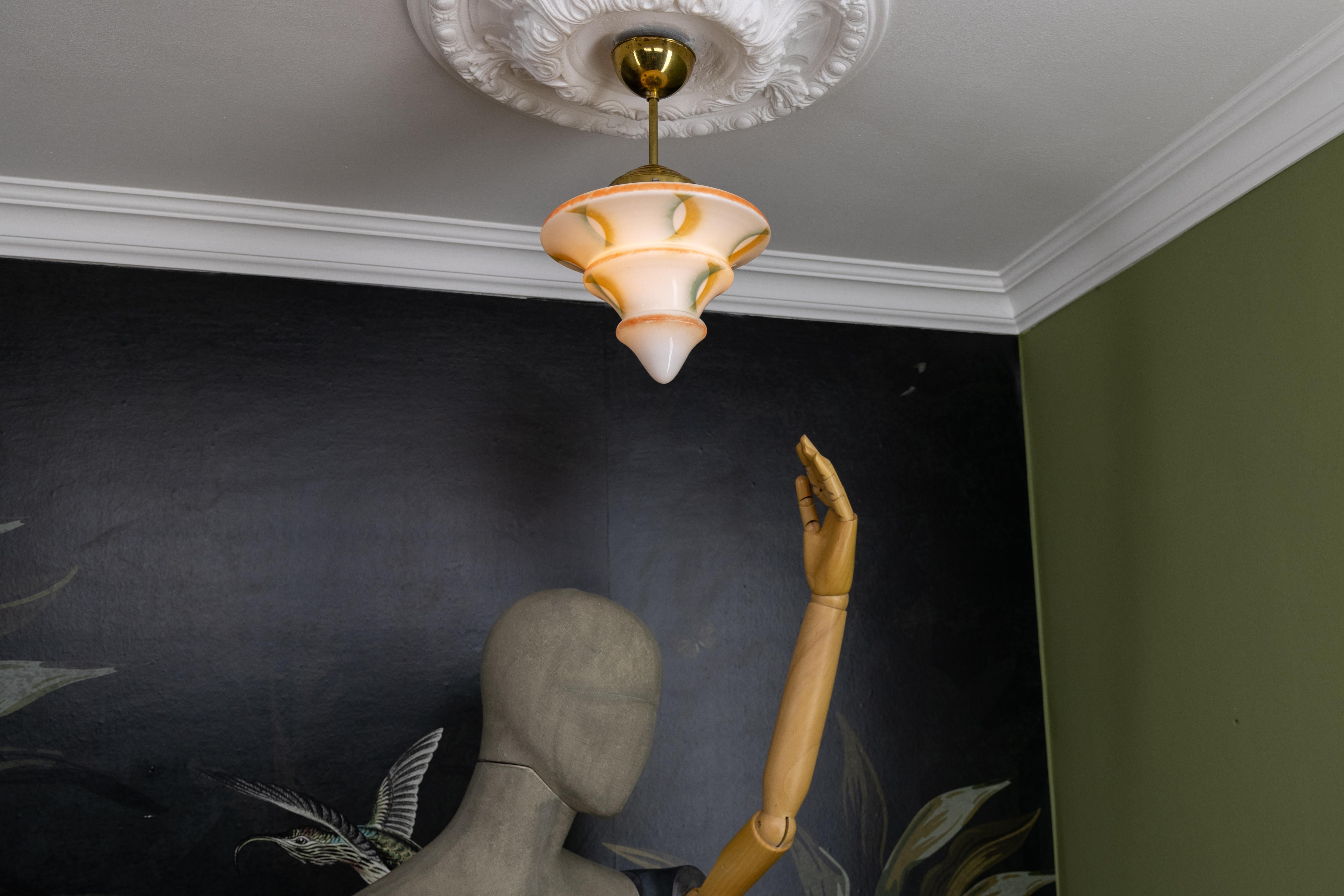 Art Deco White Glass and Brass Pendant Light, Germany, 1930s For Sale 9