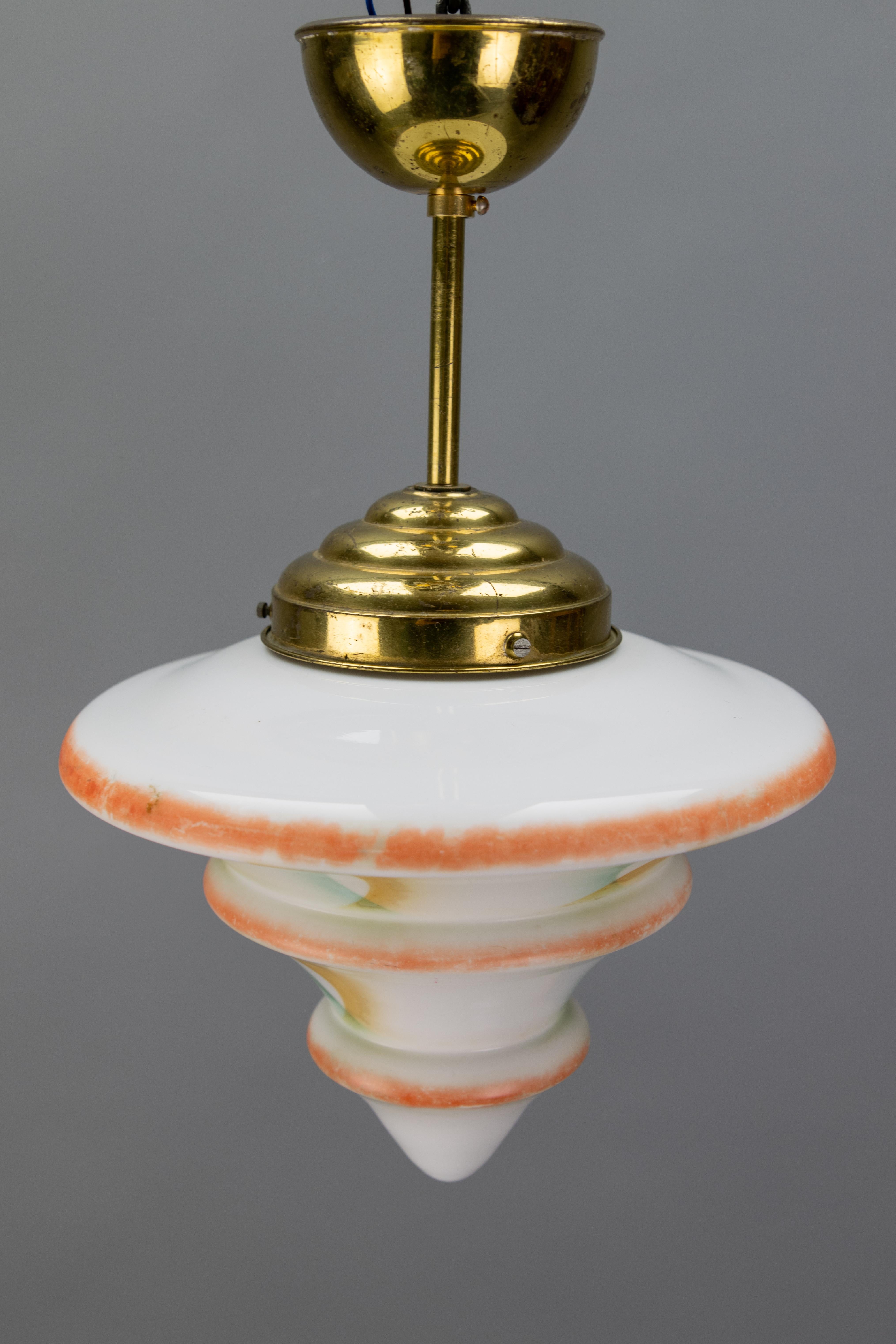 Art Deco White Glass and Brass Pendant Light, Germany, 1930s For Sale 10