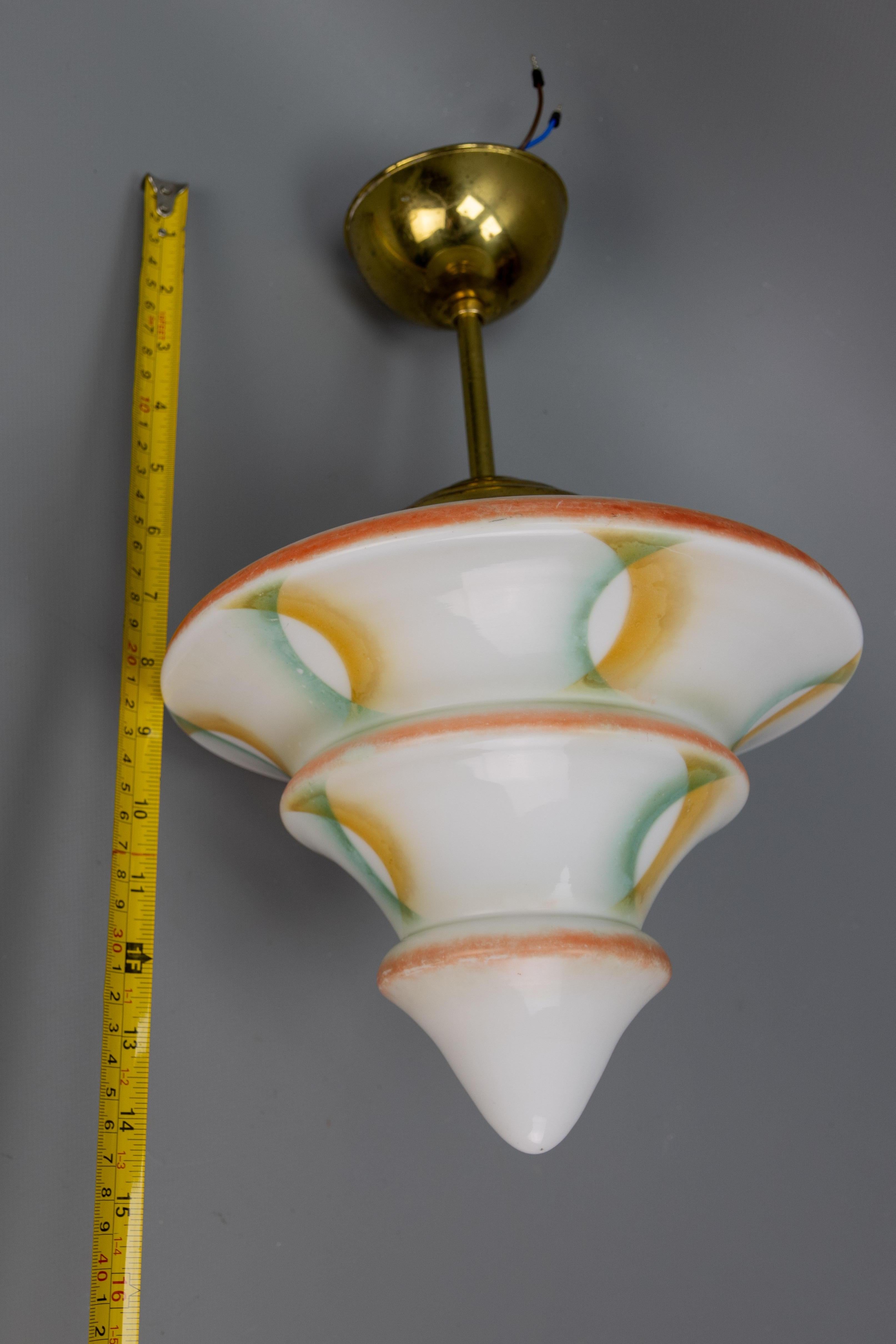 Art Deco White Glass and Brass Pendant Light, Germany, 1930s For Sale 11