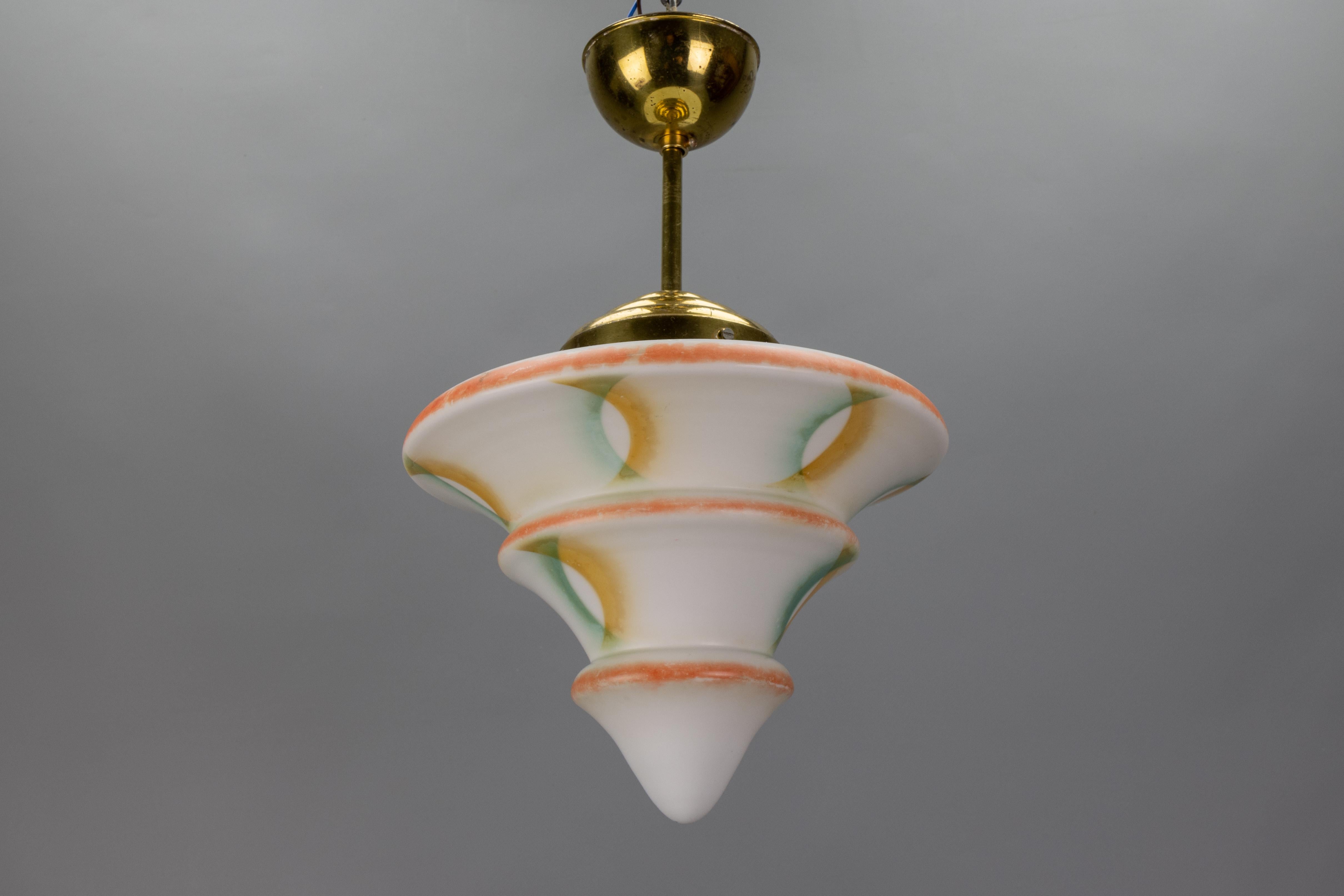 Art Deco White Glass and Brass Pendant Light, Germany, 1930s In Good Condition For Sale In Barntrup, DE