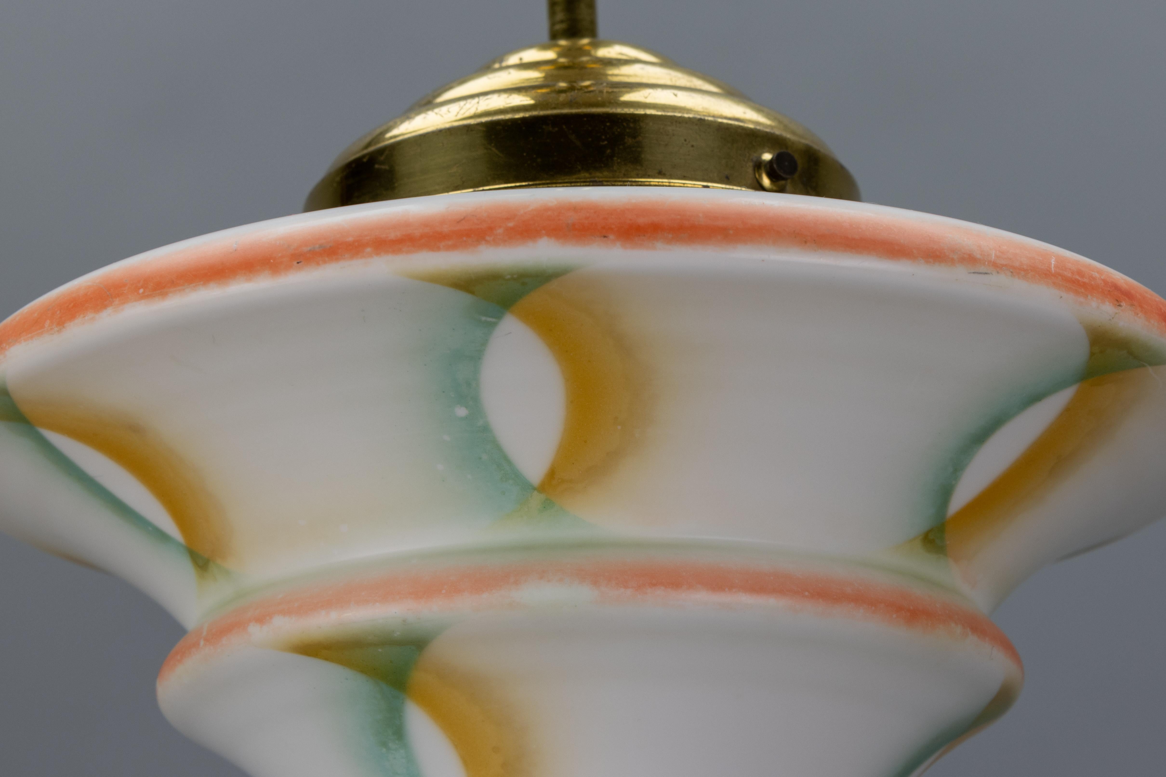 Mid-20th Century Art Deco White Glass and Brass Pendant Light, Germany, 1930s For Sale