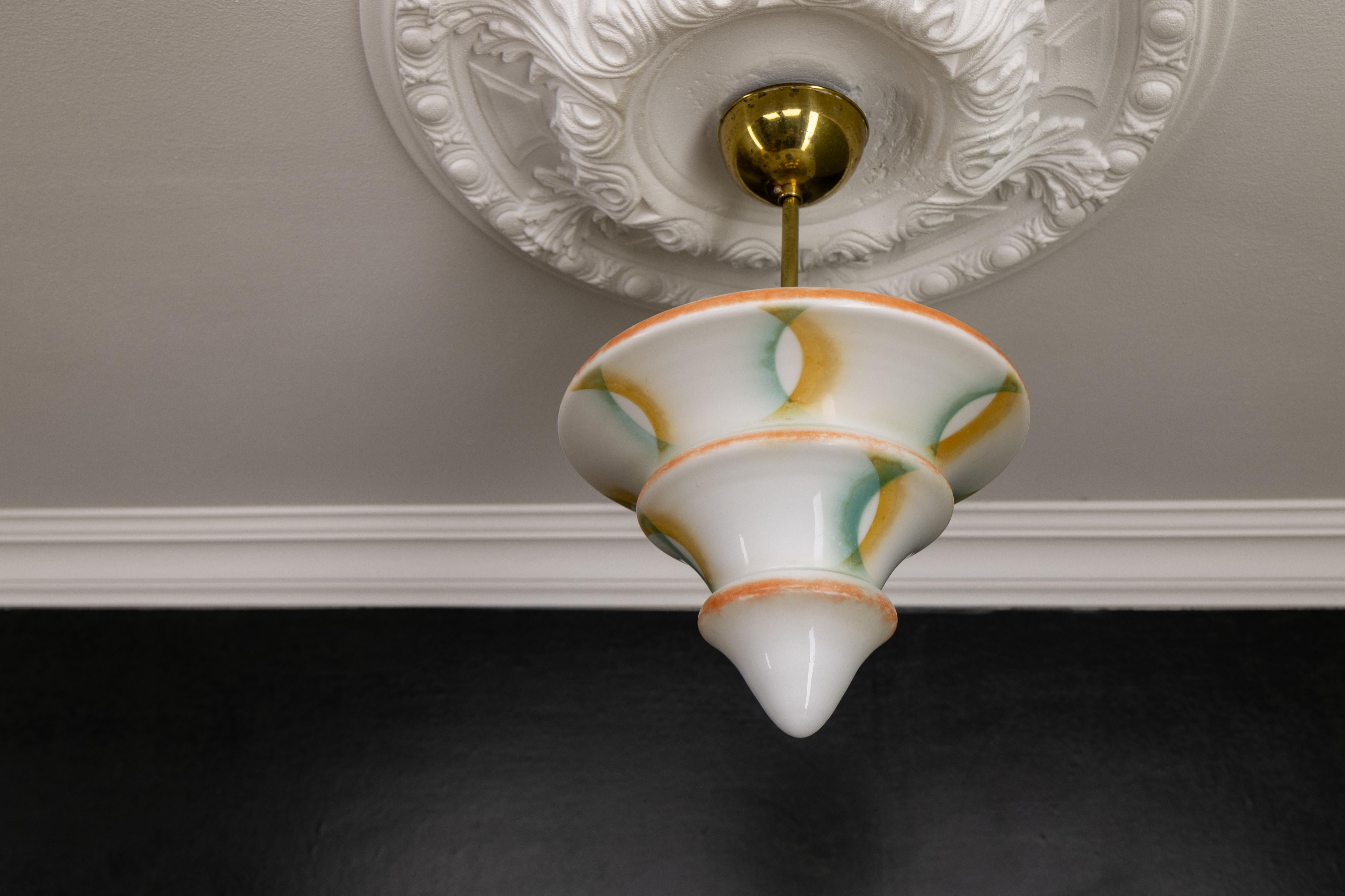 Art Deco White Glass and Brass Pendant Light, Germany, 1930s For Sale 1