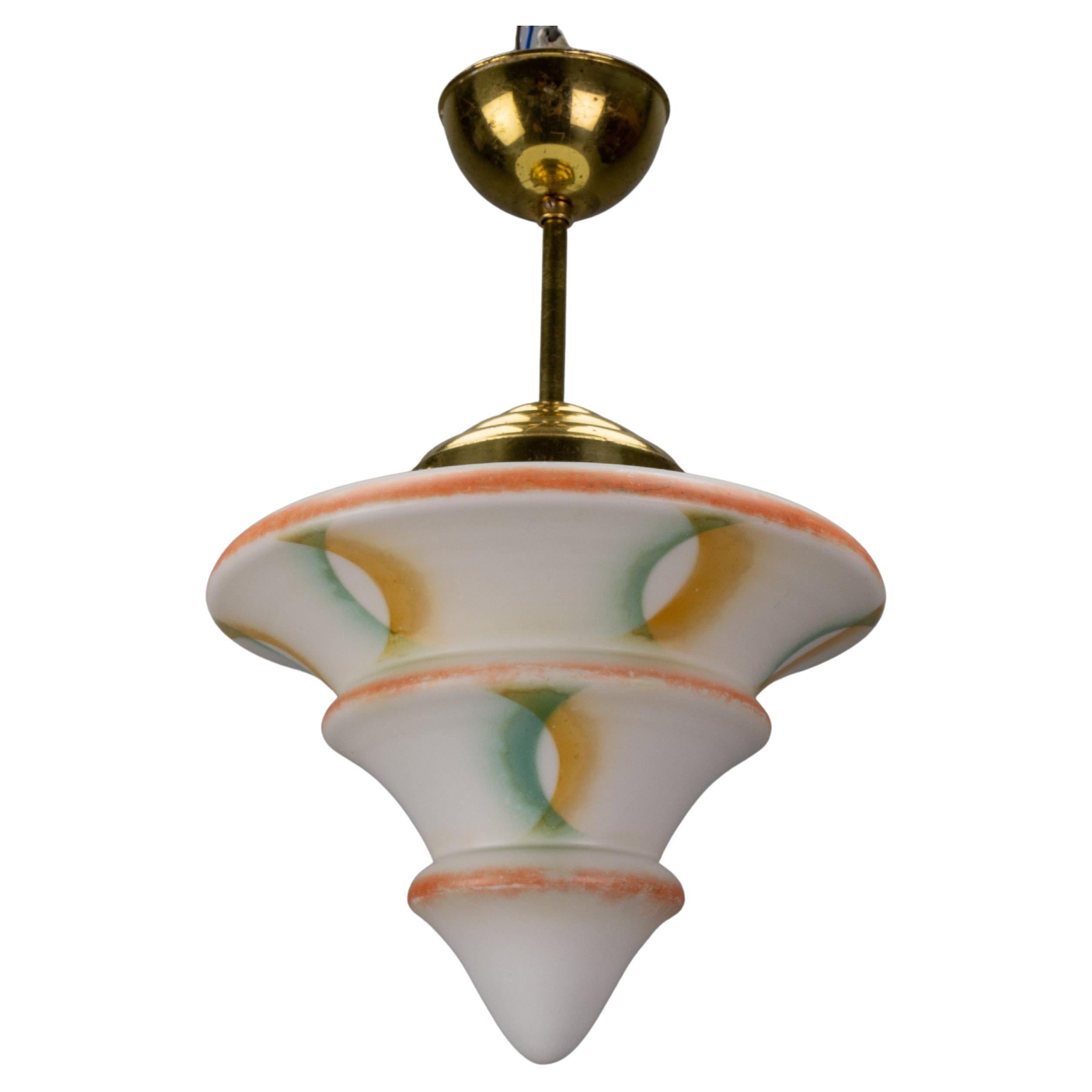 Lampada a sospensione Art Deco in vetro bianco e ottone, Germania, anni '30