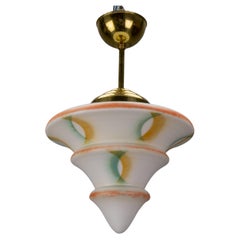 Art Deco White Glass and Brass Pendant Light, Germany, 1930s
