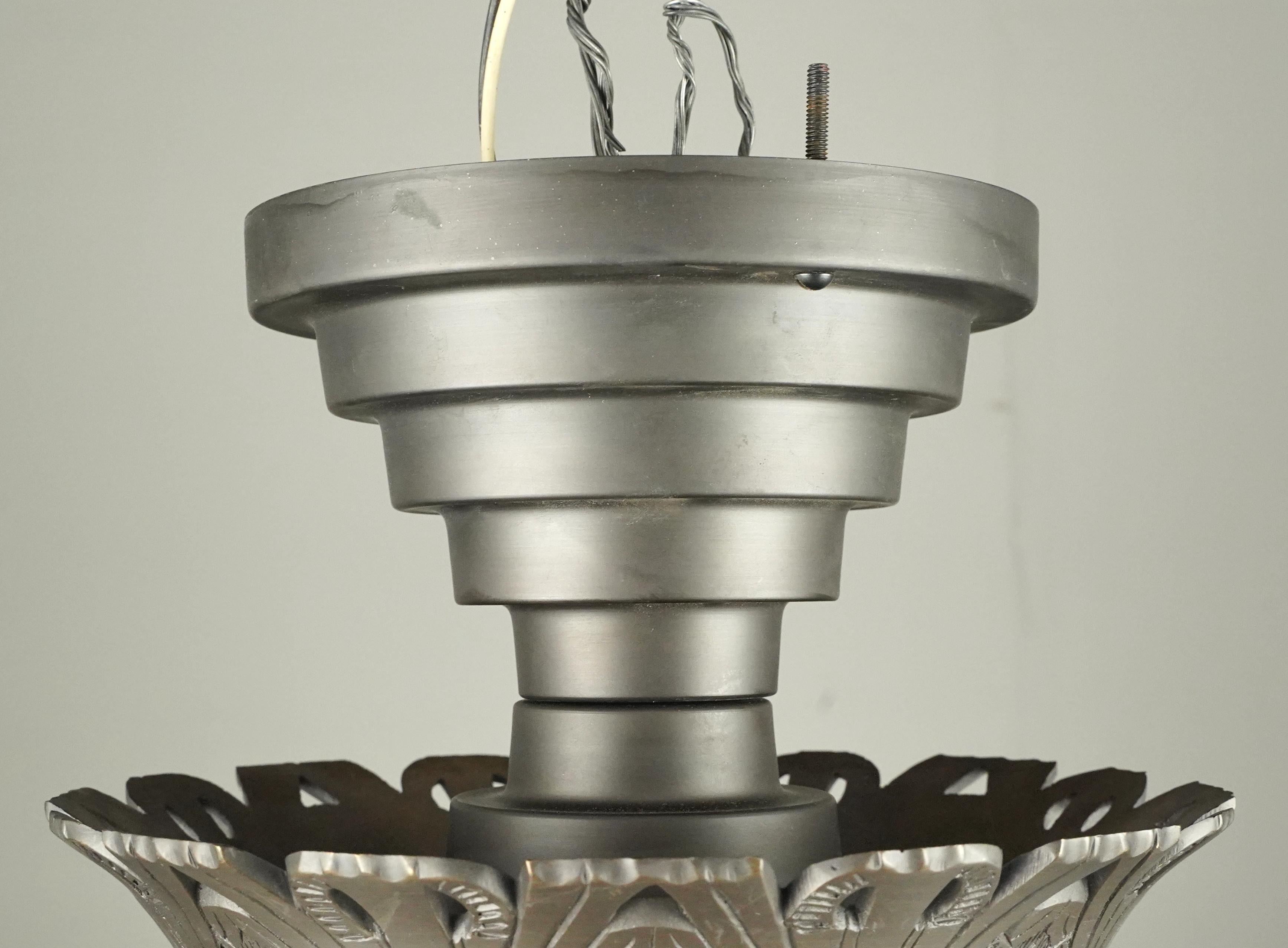Art Deco White Glass Globe Pewter Semi Flush Mount Light in vendita 5