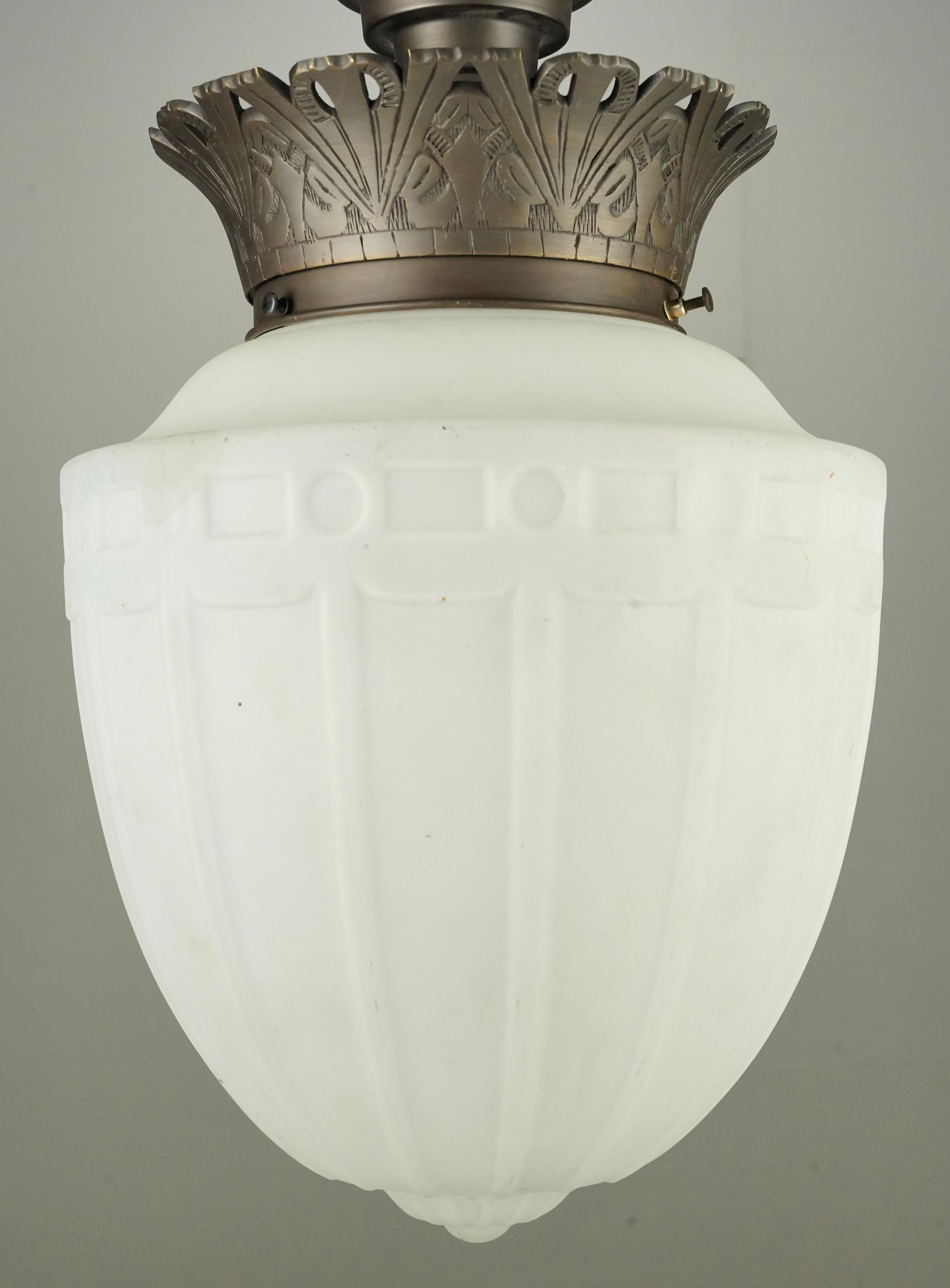 Art Déco Art Deco White Glass Globe Pewter Semi Flush Mount Light in vendita