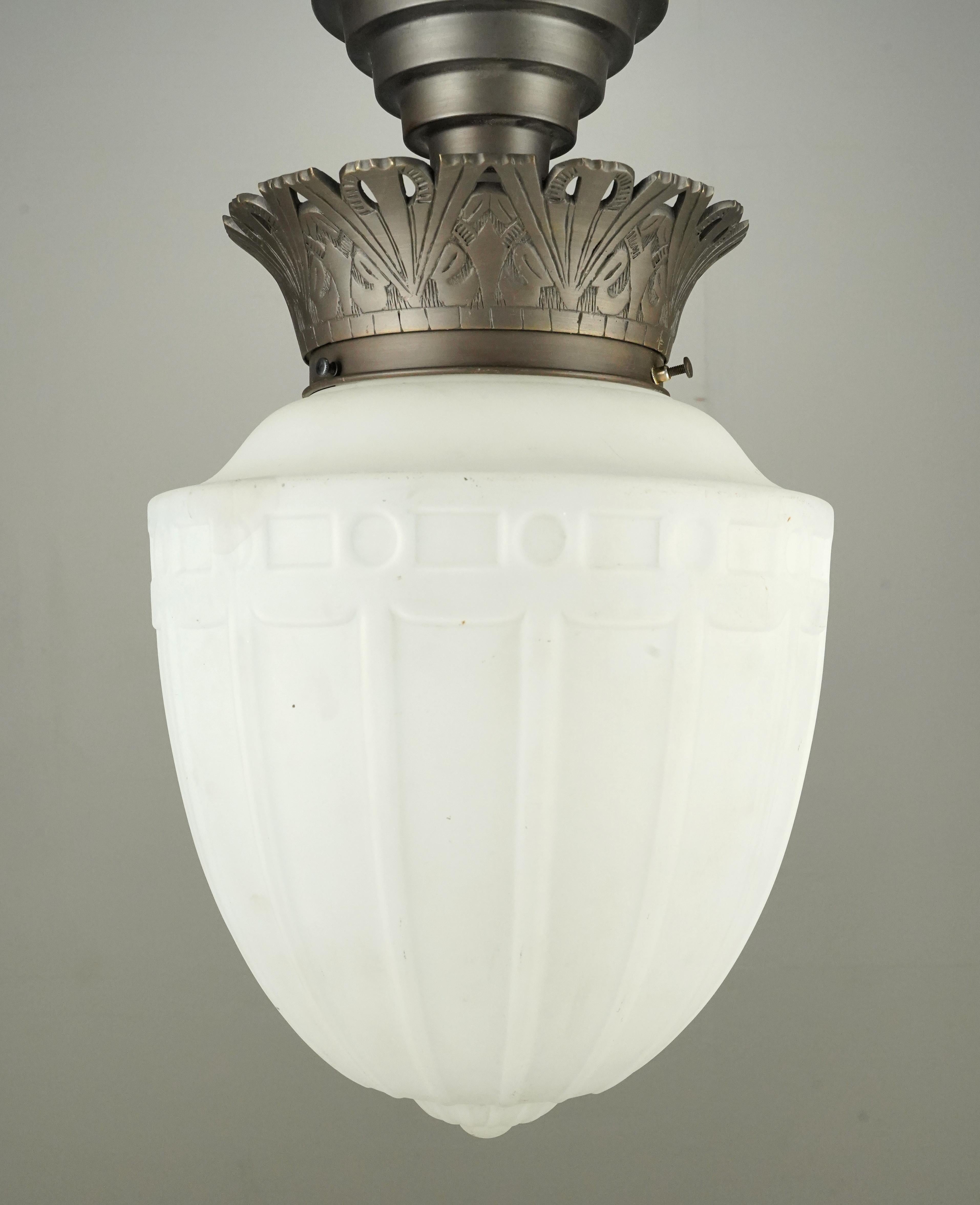 Americano Art Deco White Glass Globe Pewter Semi Flush Mount Light in vendita