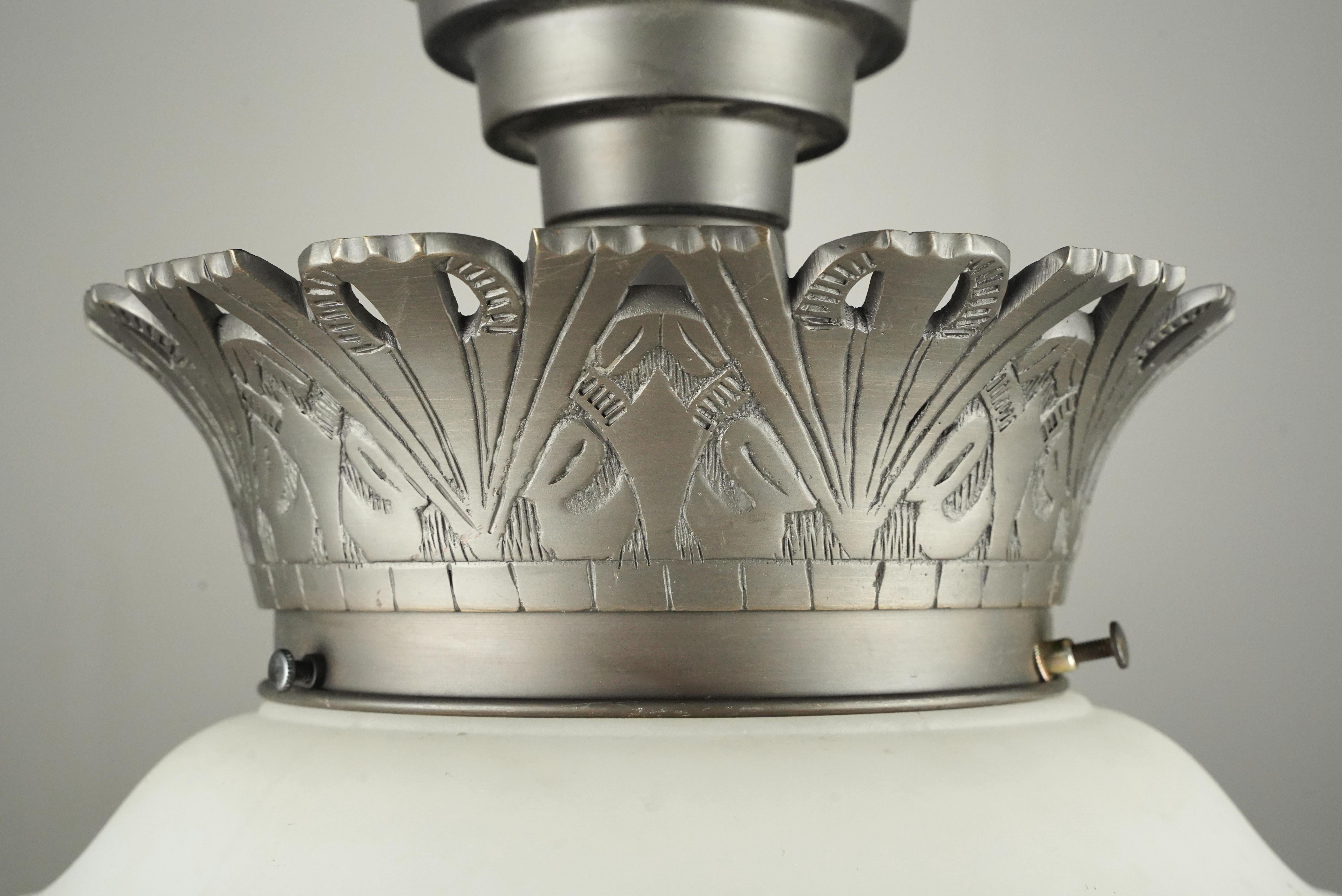 Art Deco White Glass Globe Pewter Semi Flush Mount Light In condizioni buone in vendita a New York, NY