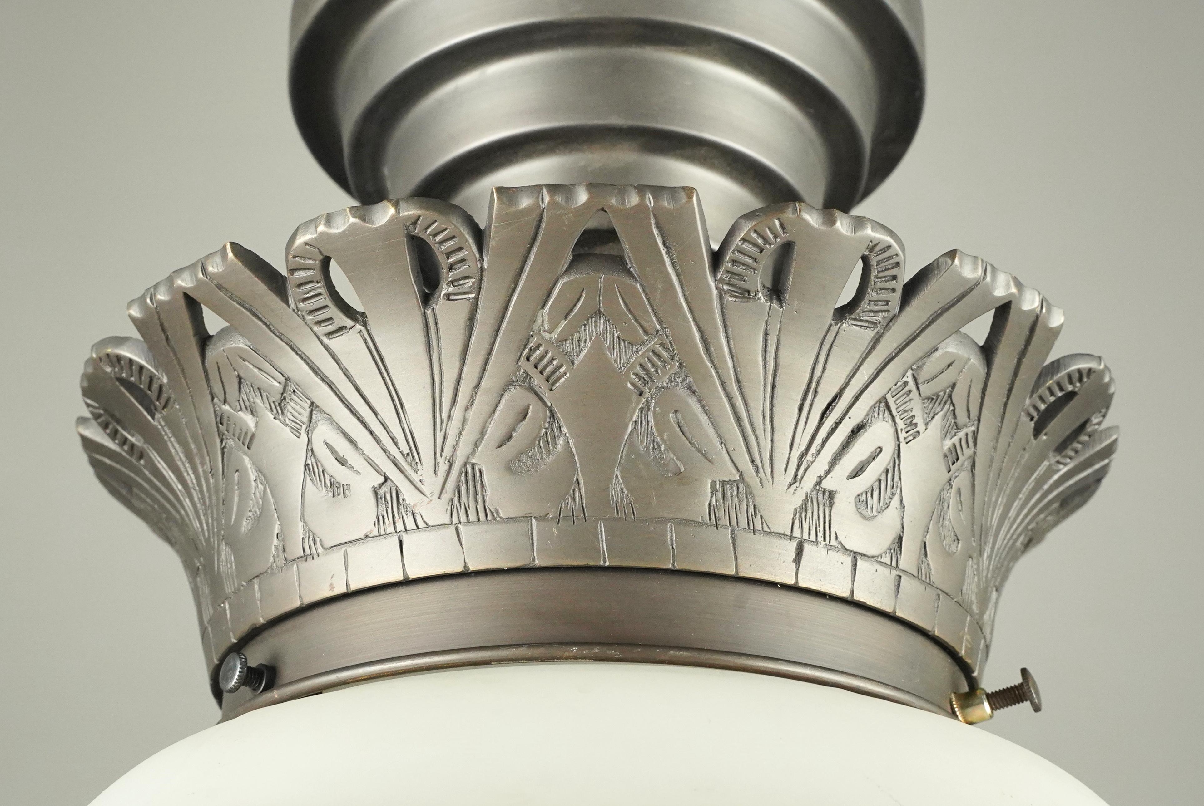 Art Deco White Glass Globe Pewter Semi Flush Mount Light in vendita 1