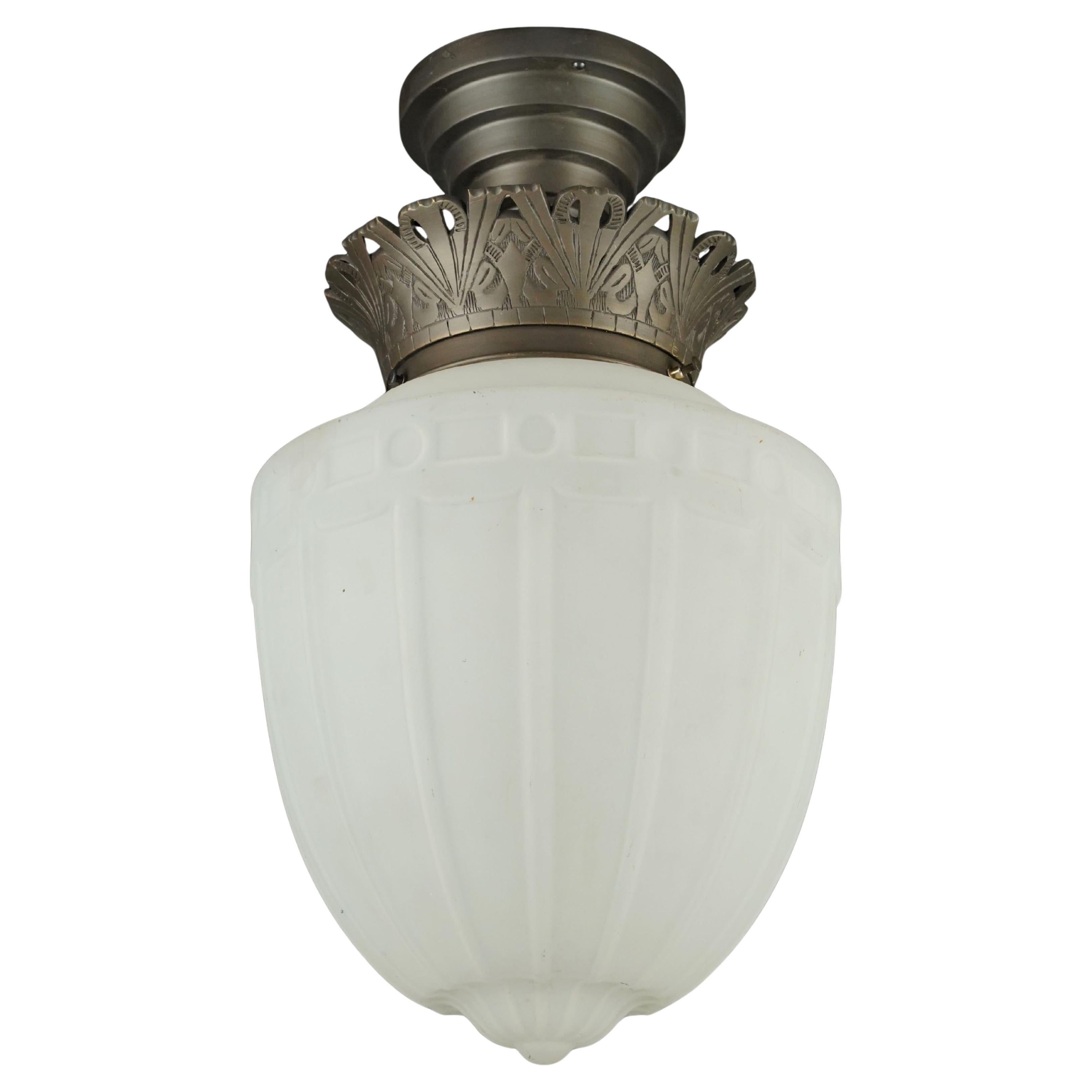 Art Deco White Glass Globe Pewter Semi Flush Mount Light in vendita