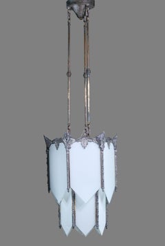 Art Deco White Glass & Nickel Frame Pendant Light
