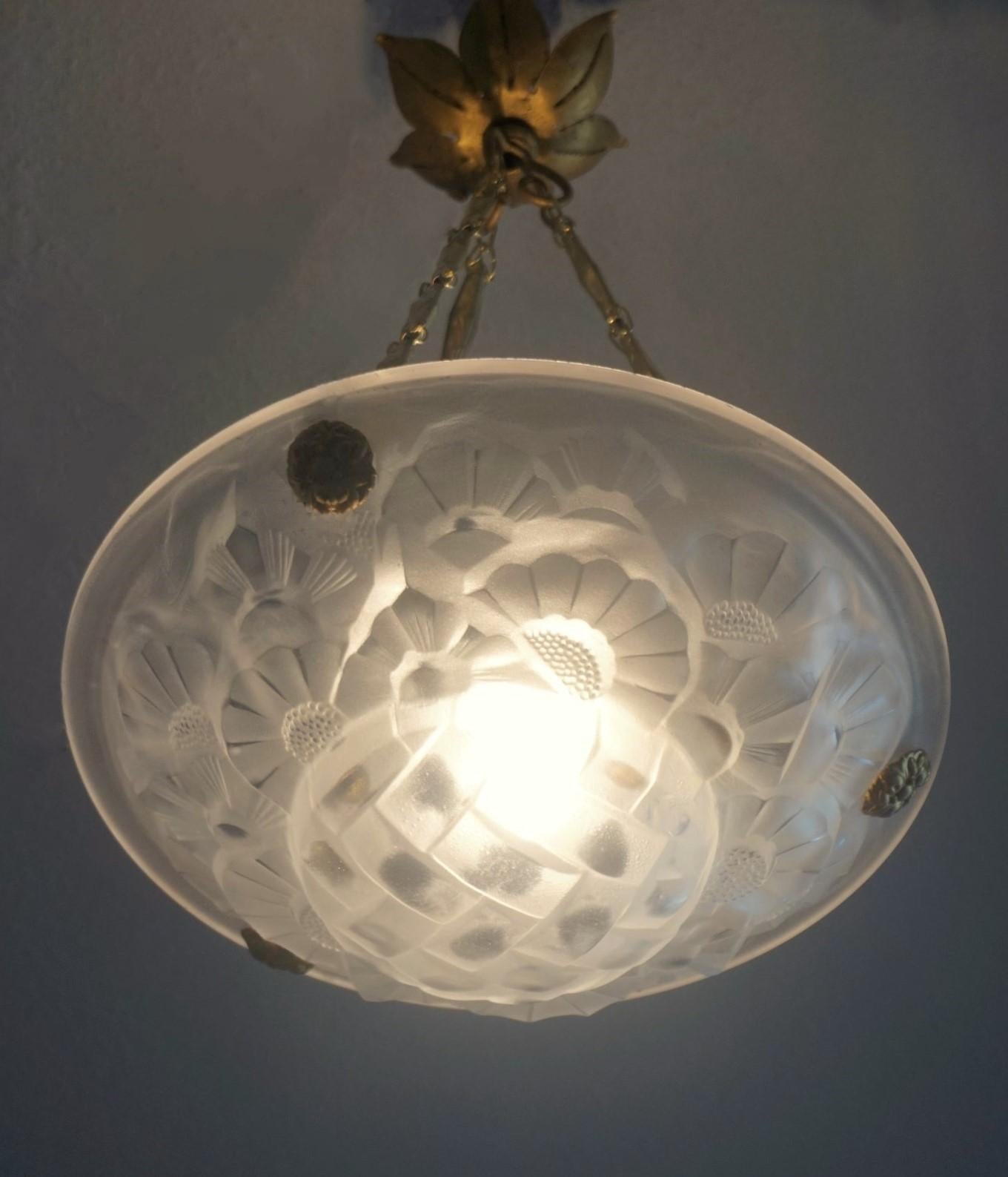 Degue Art Deco Frosted Glass Pendant Chandelier, Signed, France, 1930s For Sale 3